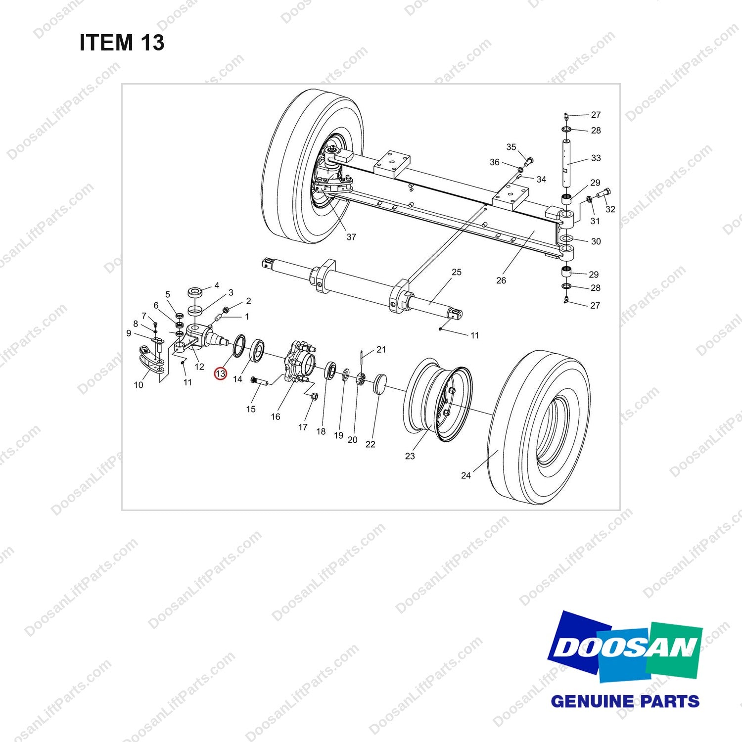 NR14-00209 Steering Axle aAssembly - full parts diagram, item 13 marked - genuine Doosan / Bobcat forklift part