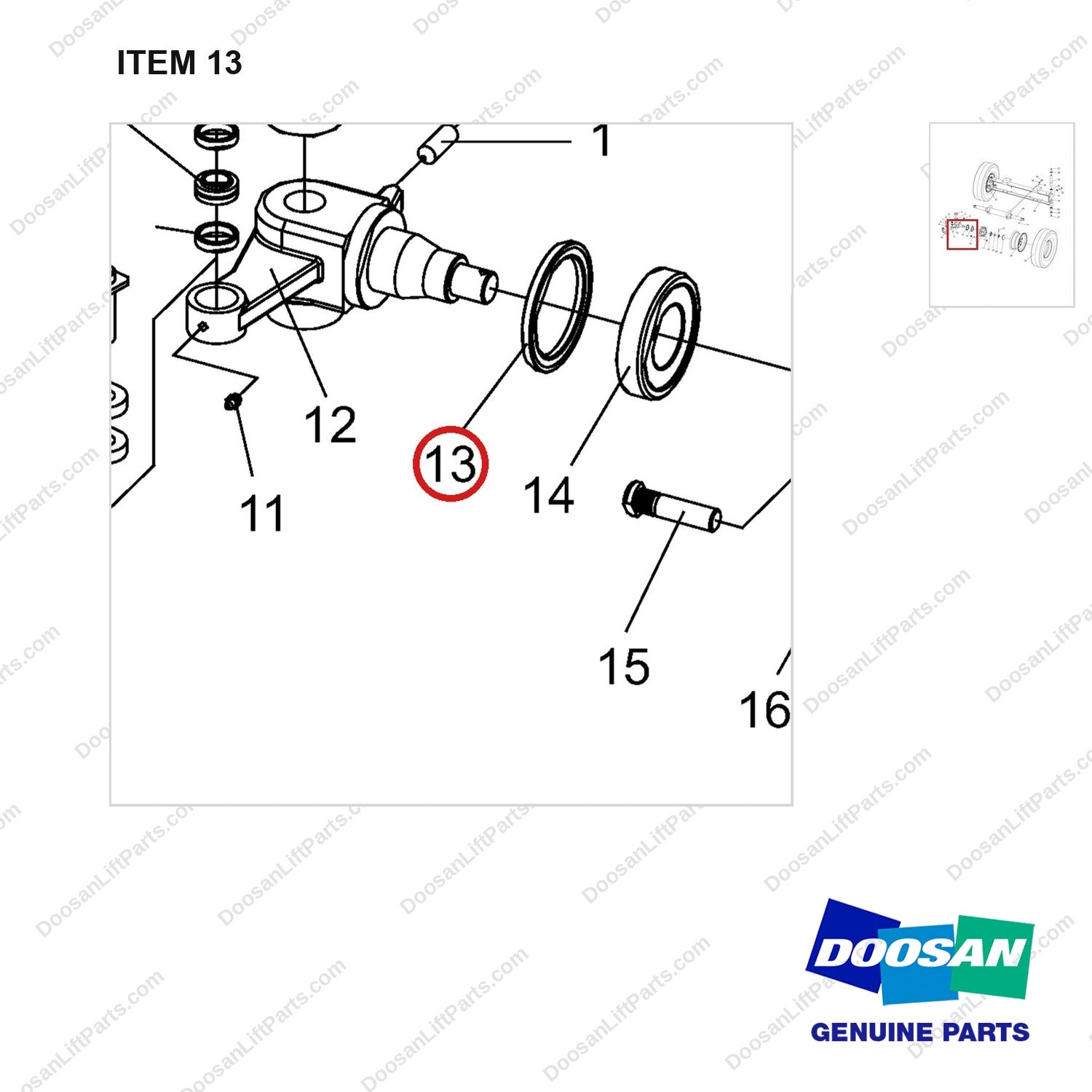 NR14-00209 Steering Axle aAssembly - parts diagram, item 13 shown - genuine Doosan / Bobcat forklift part