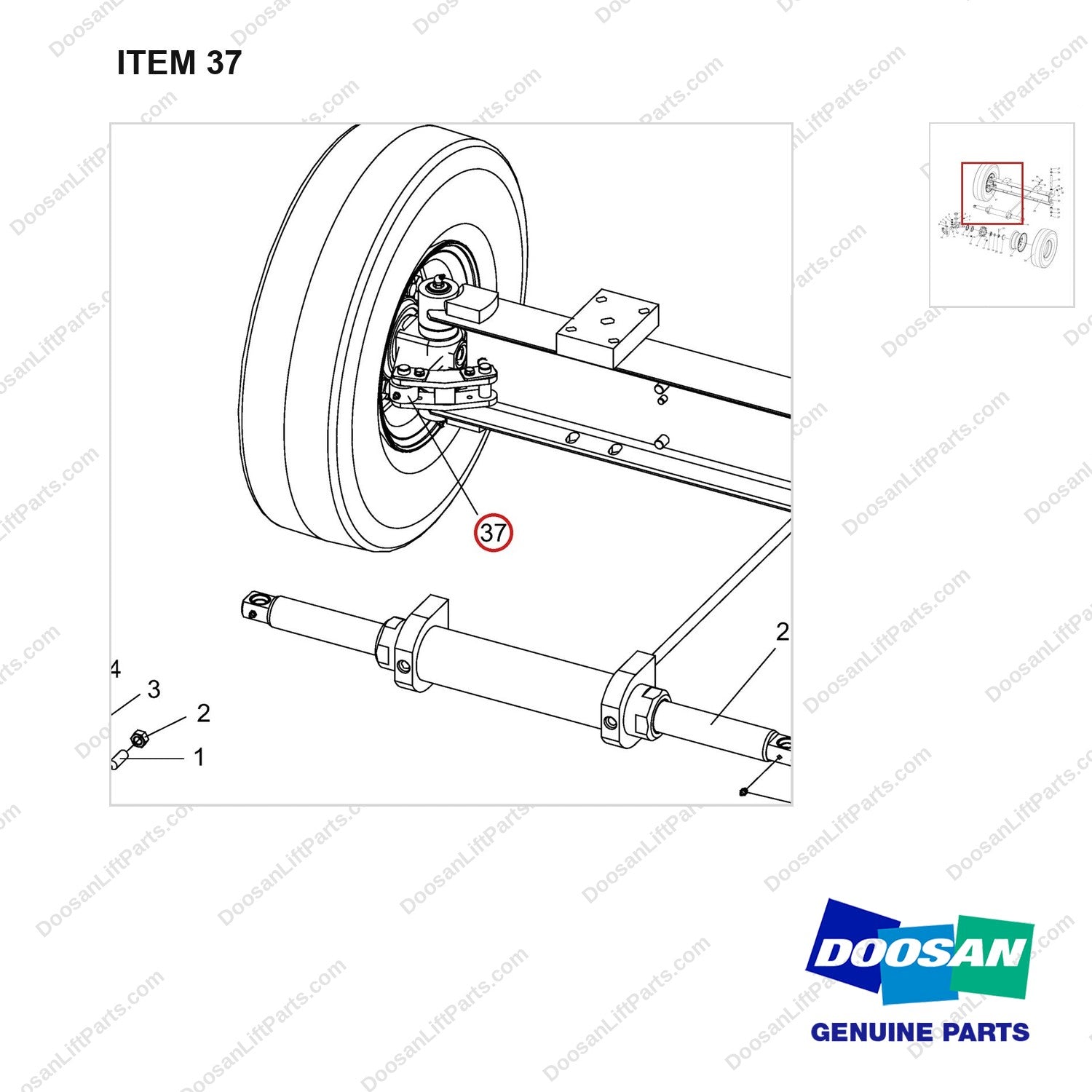 NR14-00227 Steering Axle aAssembly - parts diagram, item 37 shown - genuine Doosan / Bobcat forklift part