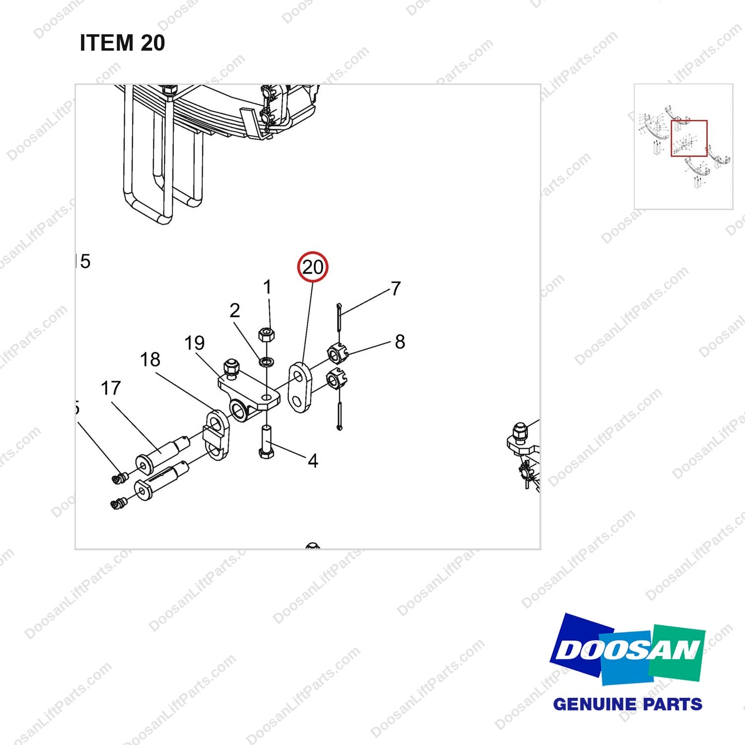NR14-00248 Shock Absorption Assembly - parts diagram, item 20 shown - genuine Doosan / Bobcat forklift part