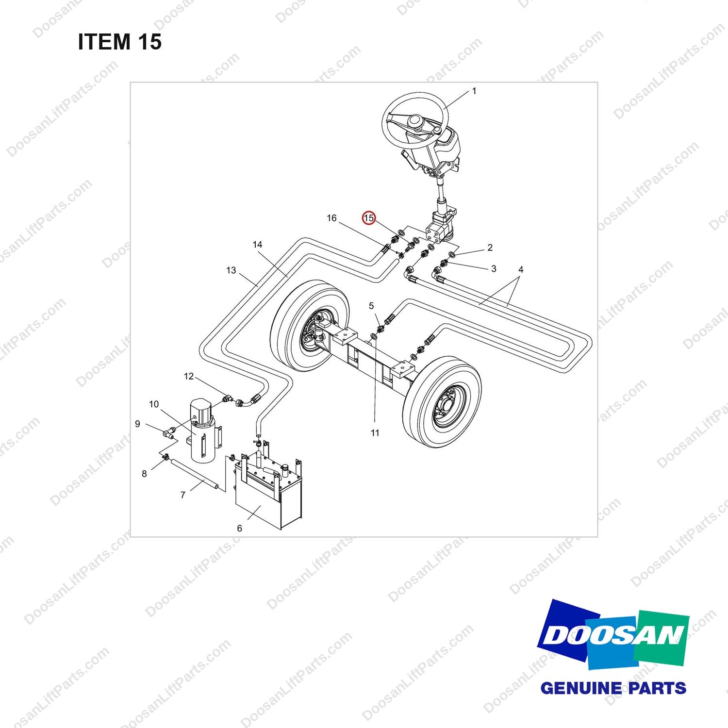 NR14-00262 Hydraulic Steering System - full parts diagram, item 15 marked - genuine Doosan / Bobcat forklift part