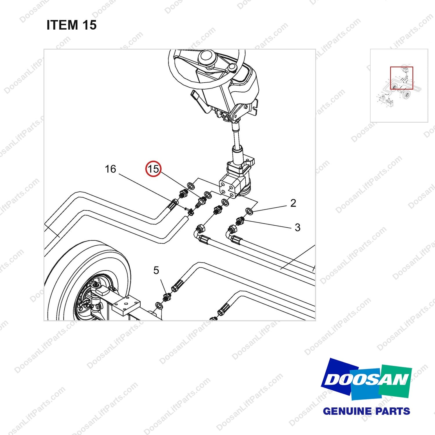 NR14-00262 Hydraulic Steering System - parts diagram, item 15 shown - genuine Doosan / Bobcat forklift part