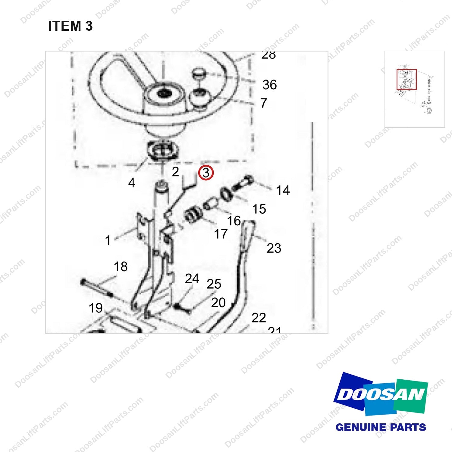 NR14-00265 Steering Gear Assembly - parts diagram, item 3 shown - genuine Doosan / Bobcat forklift part