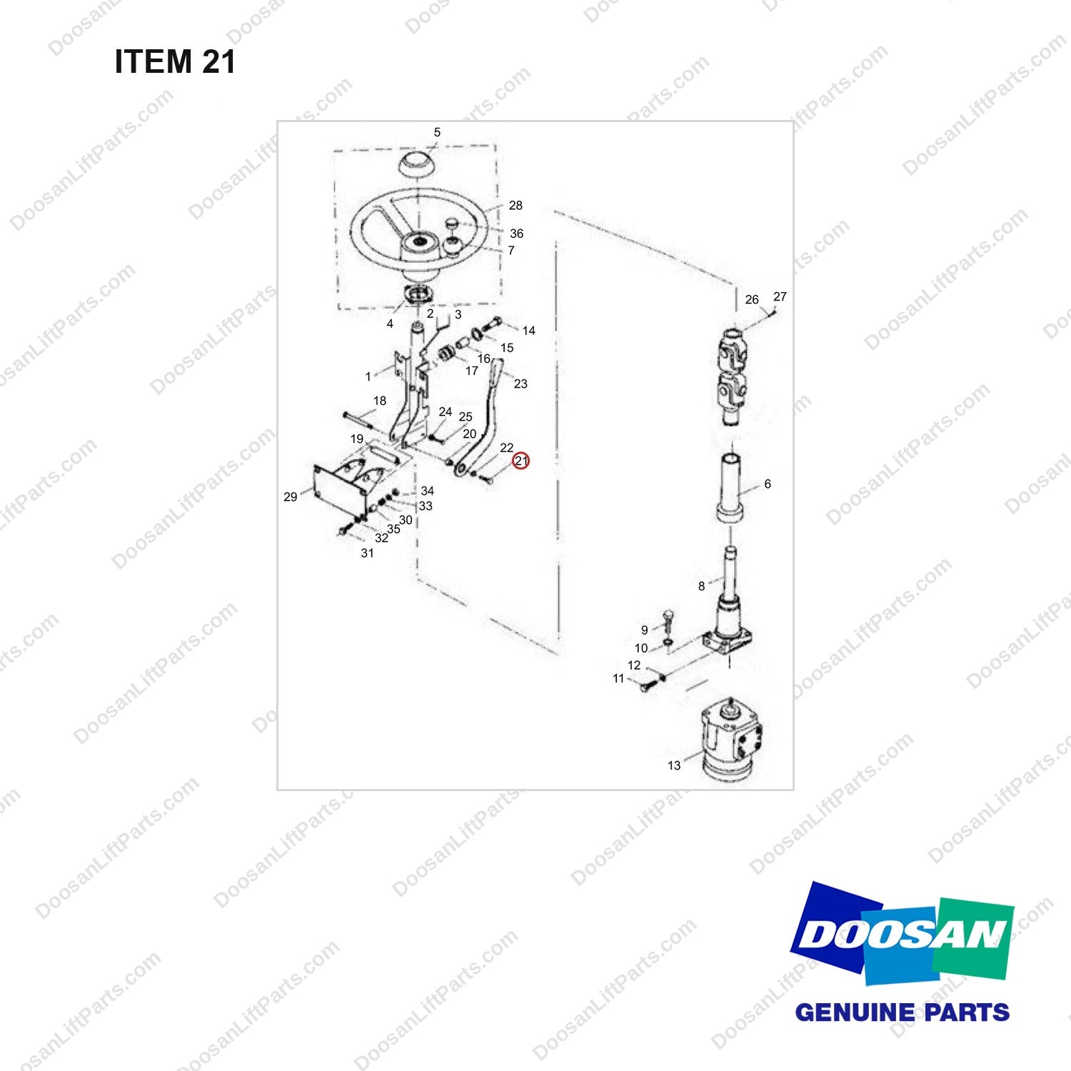 NR14-00281 Steering Gear Assembly - full parts diagram, item 21 marked - genuine Doosan / Bobcat forklift part