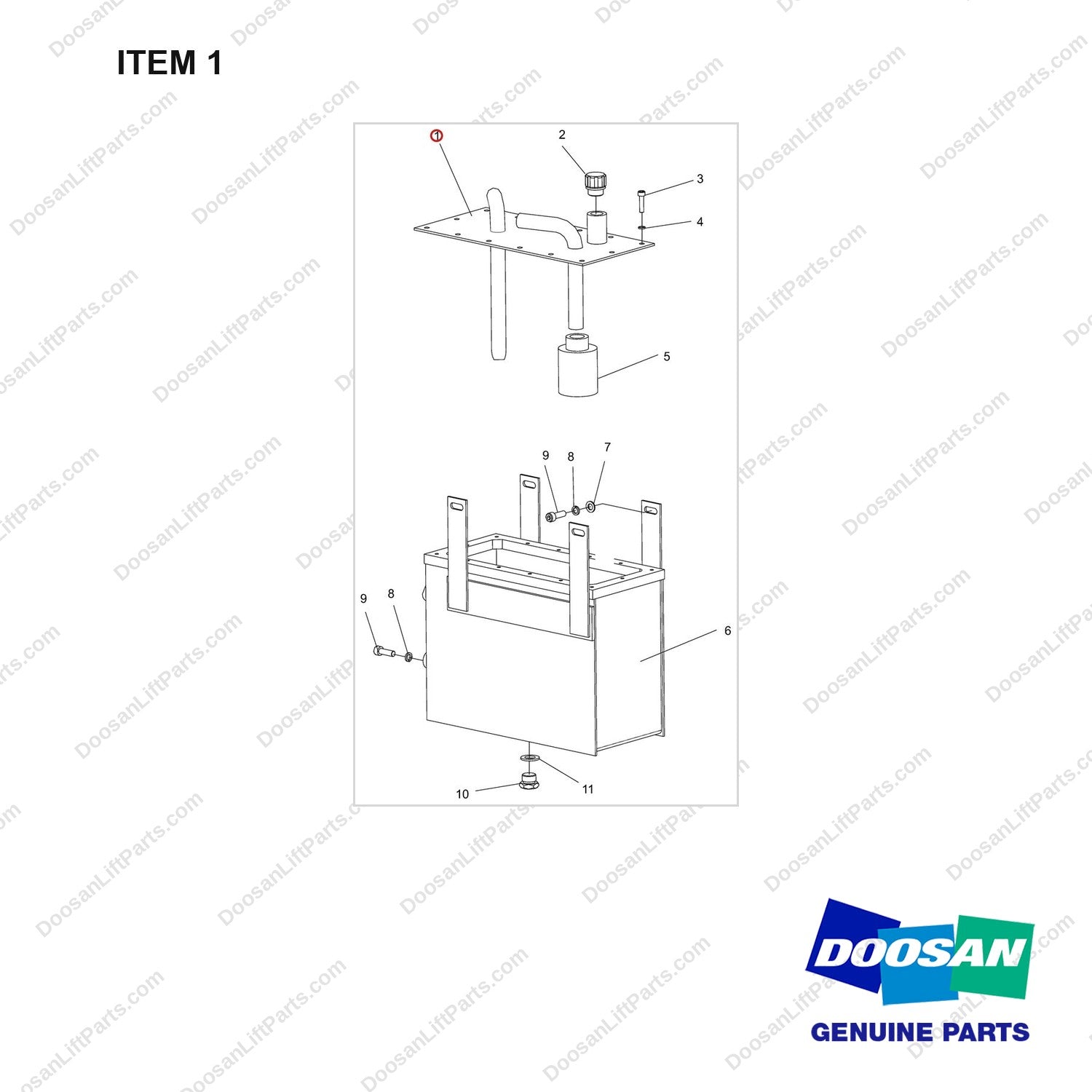 NR14-00304 Oil tank - full parts diagram, item 1 marked - genuine Doosan / Bobcat forklift part