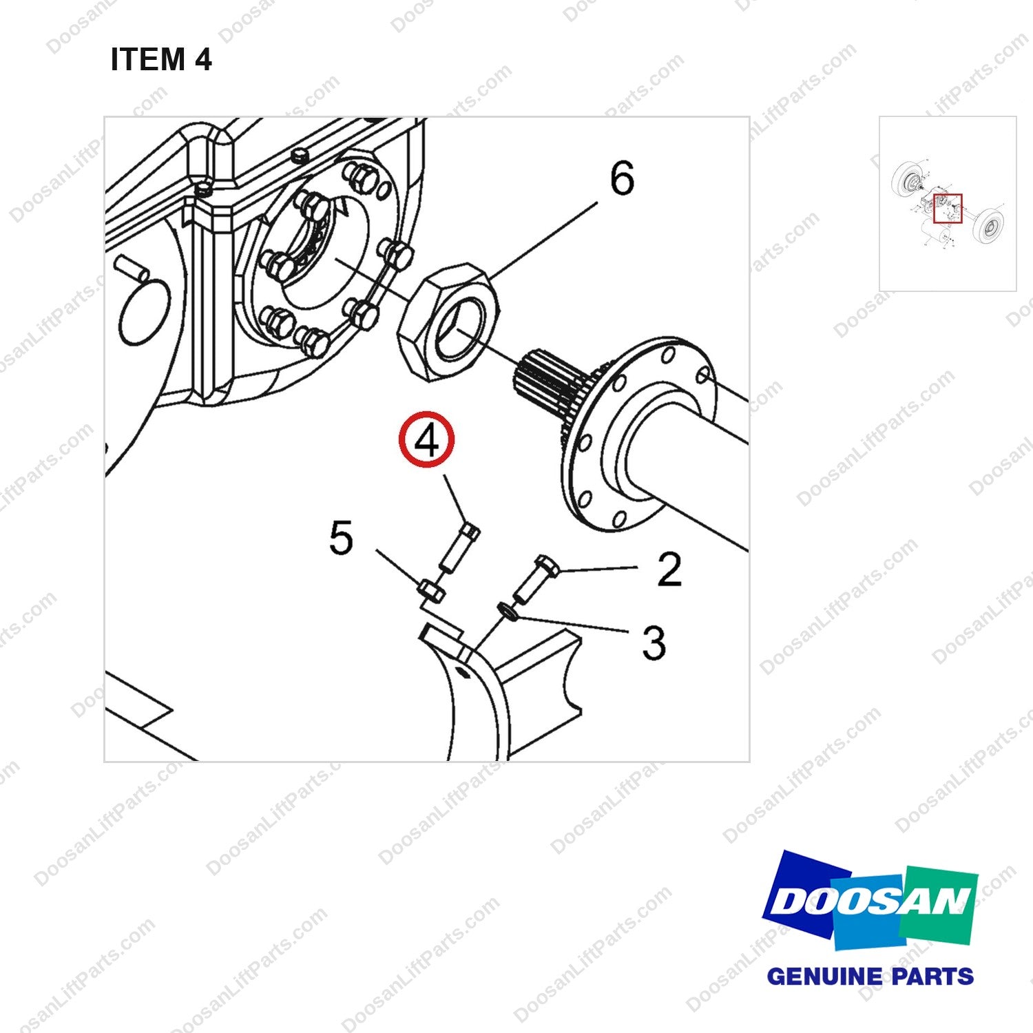 NR14-00360 Drive Axle Assembly - parts diagram, item 4 shown - genuine Doosan / Bobcat forklift part