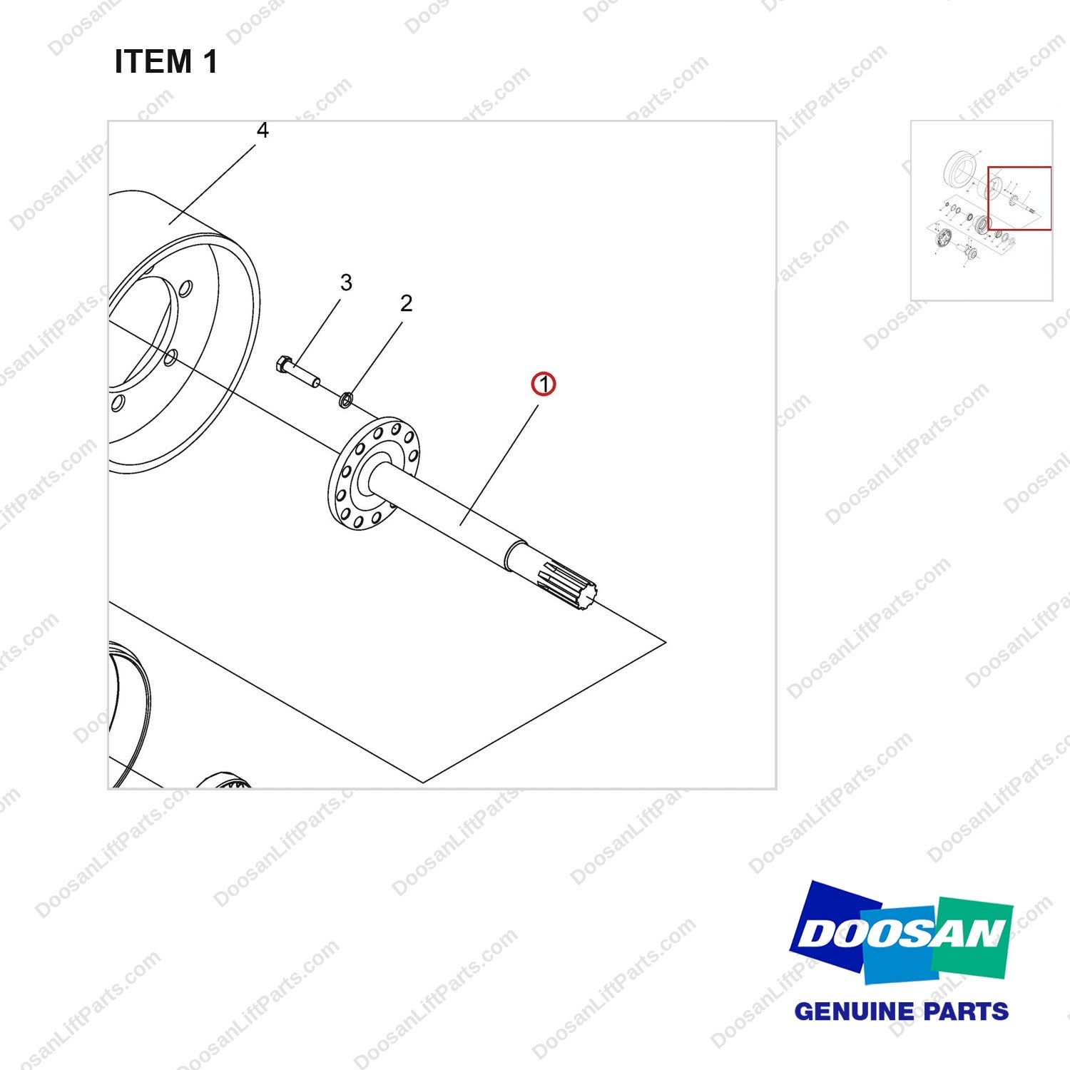 NR14-00369 Short Half-shaft Unit - parts diagram, item 1 shown - genuine Doosan / Bobcat forklift part