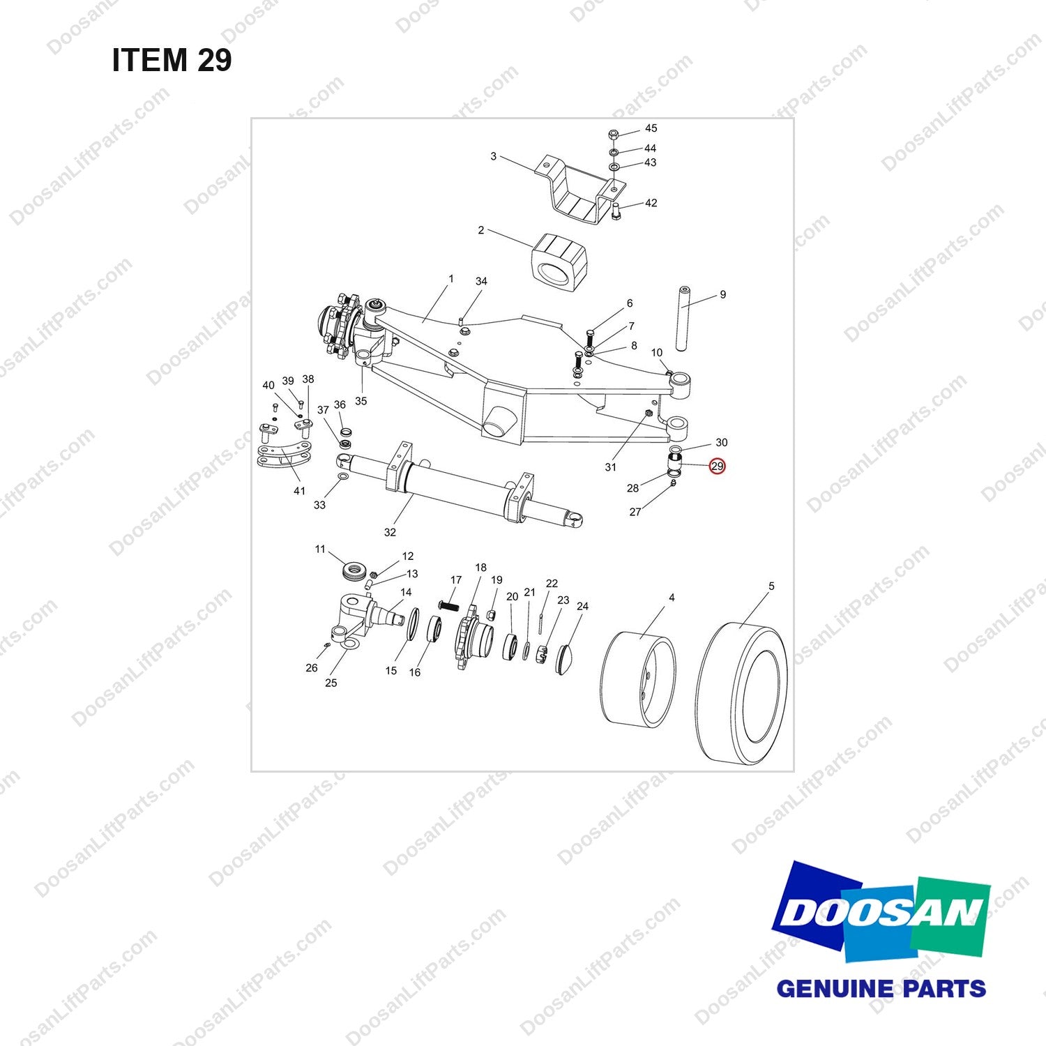 NR14-00383 Steering Axle aAssembly - full parts diagram, item 29 marked - genuine Doosan / Bobcat forklift part