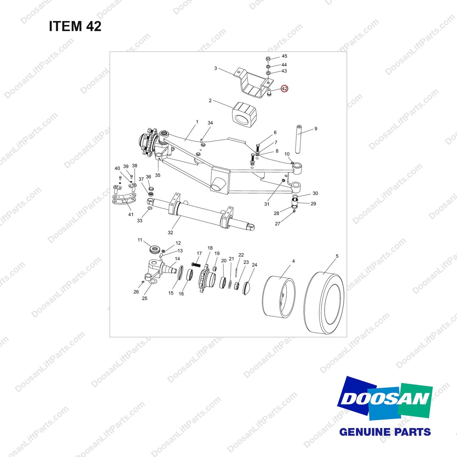 NR14-00392 Steering Axle aAssembly - full parts diagram, item 42 marked - genuine Doosan / Bobcat forklift part