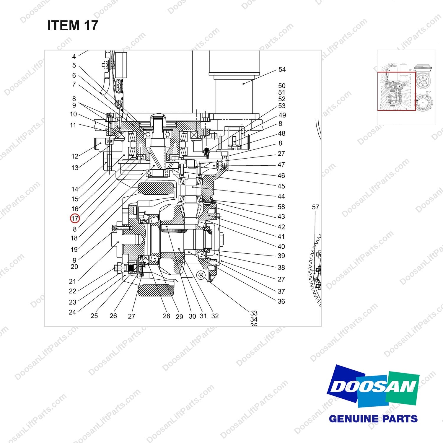 NR14-00437 Driving Wheel - parts diagram, item 17 shown - genuine Doosan / Bobcat forklift part