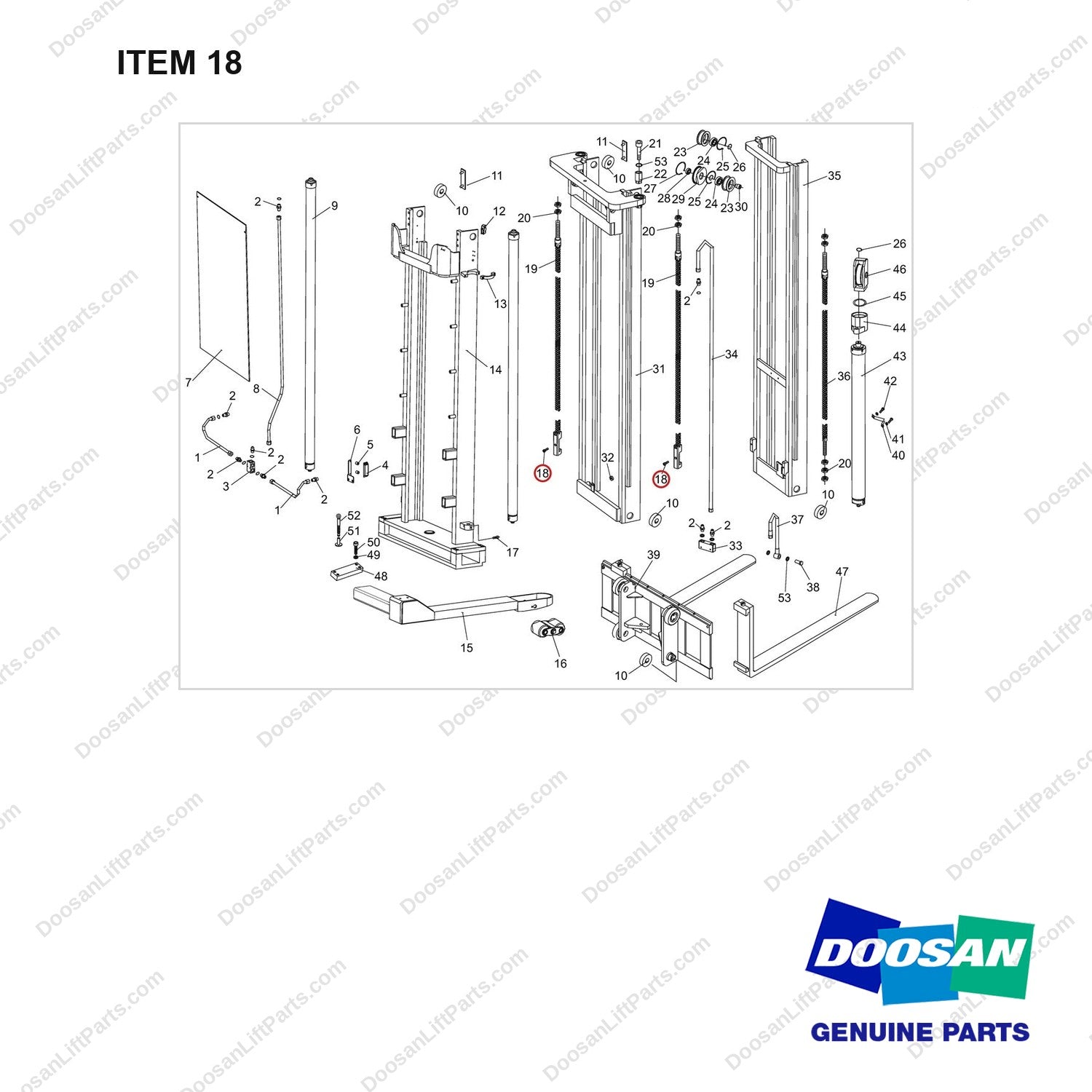NR14-00440 Mast Assy - STD - full parts diagram, item 18 marked - genuine Doosan / Bobcat forklift part