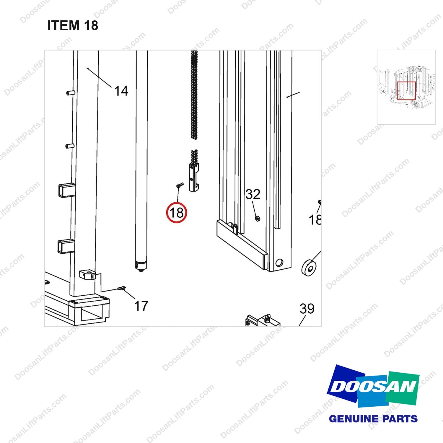 NR14-00440 Mast Assy - STD - parts diagram, item 18 shown - genuine Doosan / Bobcat forklift part