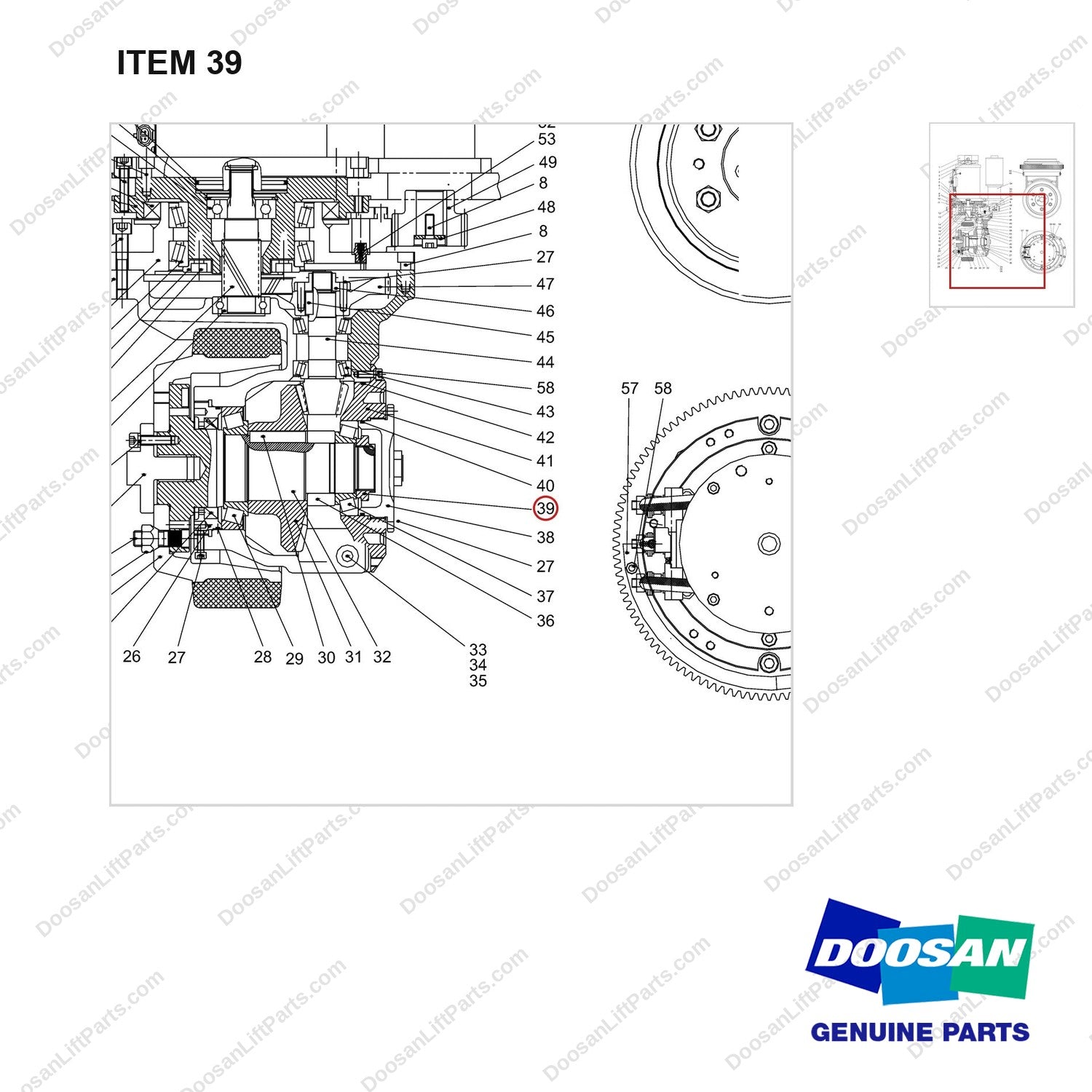 NR14-00453 Driving Wheel - parts diagram, item 39 shown - genuine Doosan / Bobcat forklift part