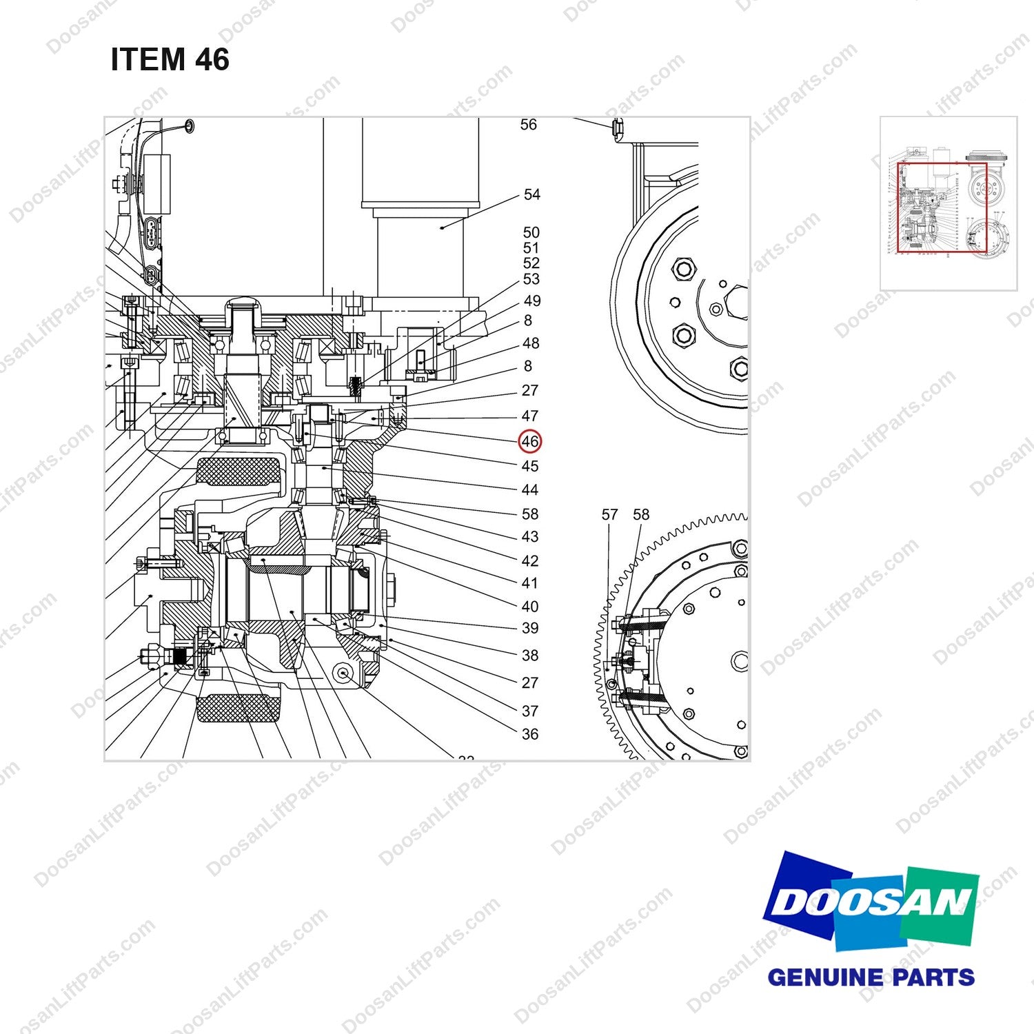 NR14-00458 Driving Wheel - parts diagram, item 46 shown - genuine Doosan / Bobcat forklift part