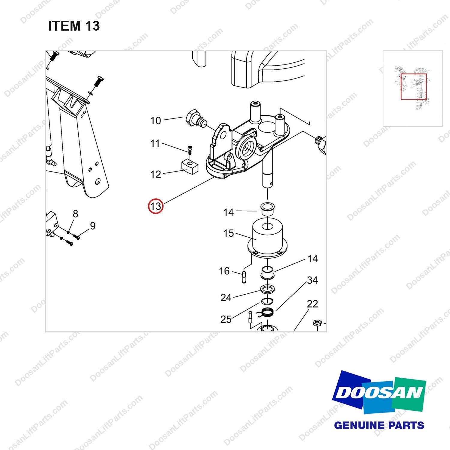 NR14-00468 Electric Steering Device Assembly - parts diagram, item 13 shown - genuine Doosan / Bobcat forklift part