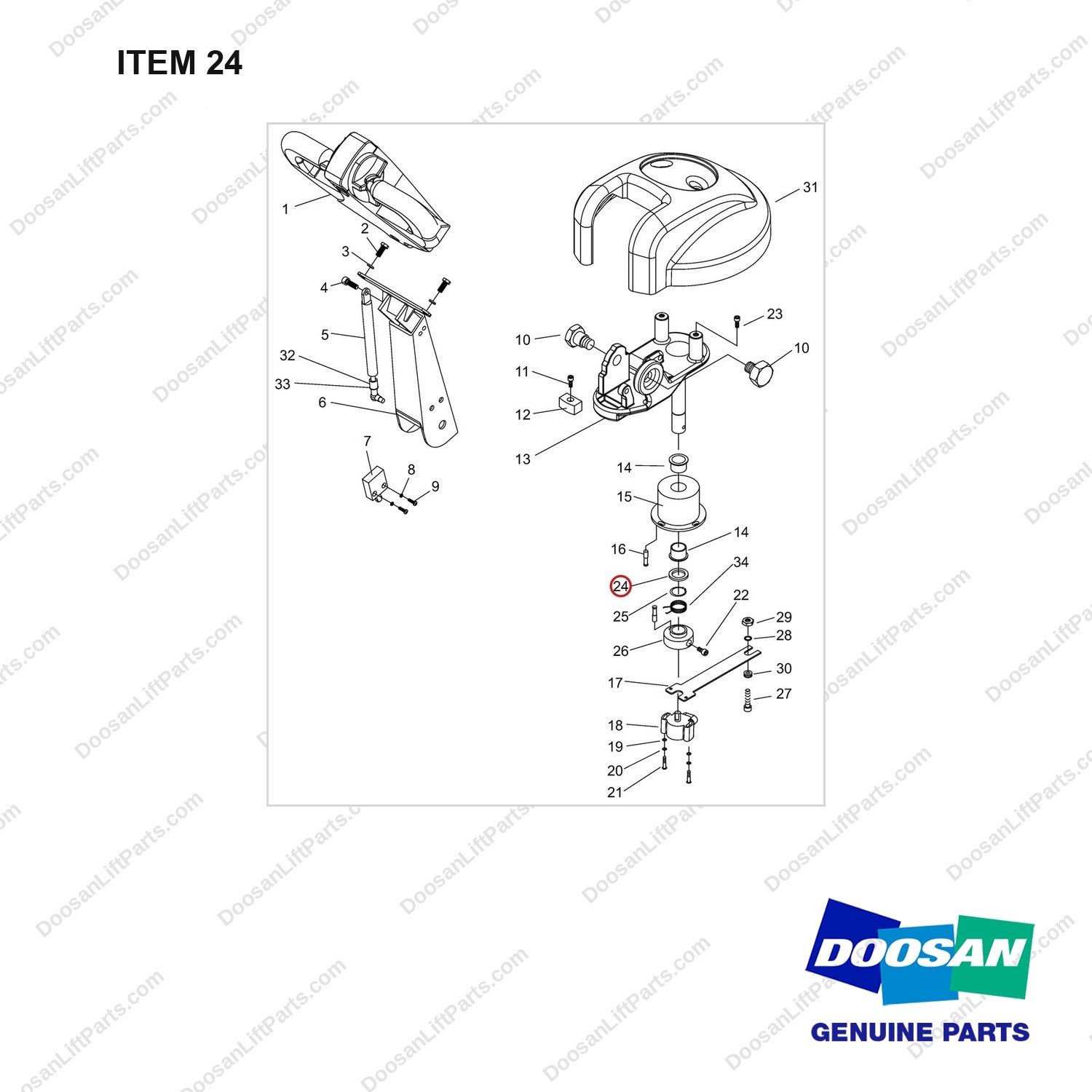 NR14-00471 Electric Steering Device Assembly - full parts diagram, item 24 marked - genuine Doosan / Bobcat forklift part