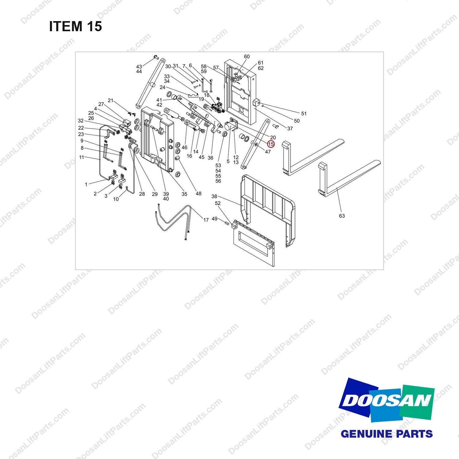 NR14-00528 Scissor forks unit - full parts diagram, item 15 marked - genuine Doosan / Bobcat forklift part