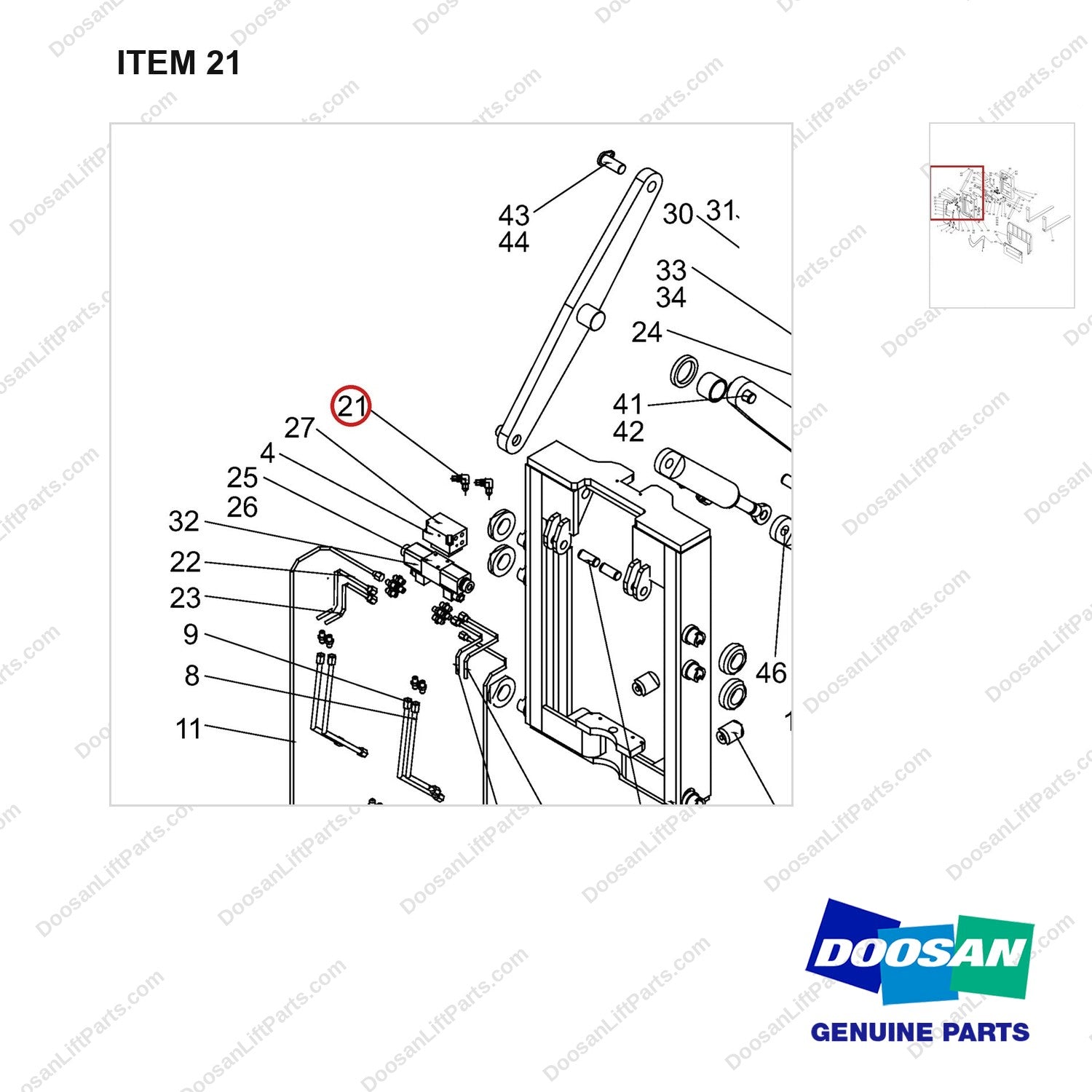 NR14-00533 Scissor forks unit - parts diagram, item 21 shown - genuine Doosan / Bobcat forklift part