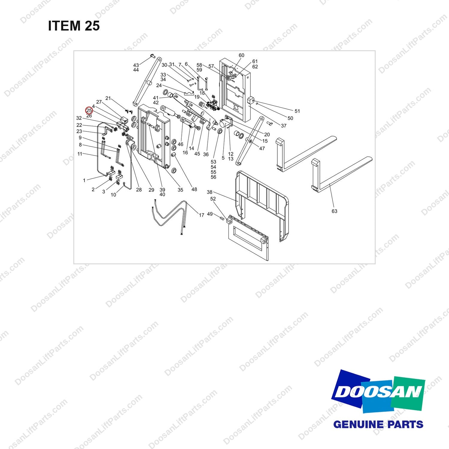 NR14-00537 Scissor forks unit - full parts diagram, item 25 marked - genuine Doosan / Bobcat forklift part