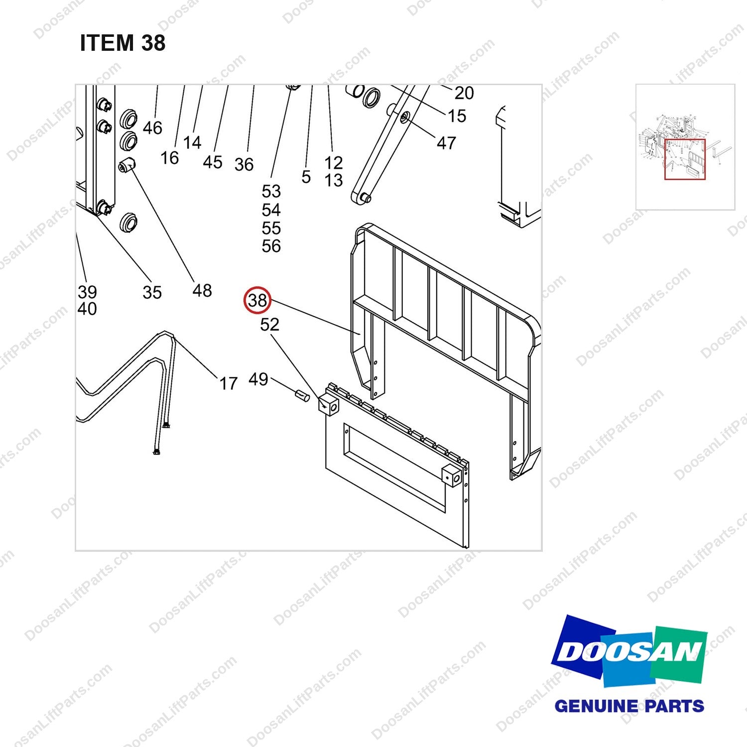 NR14-00547 Scissor forks unit - parts diagram, item 38 shown - genuine Doosan / Bobcat forklift part