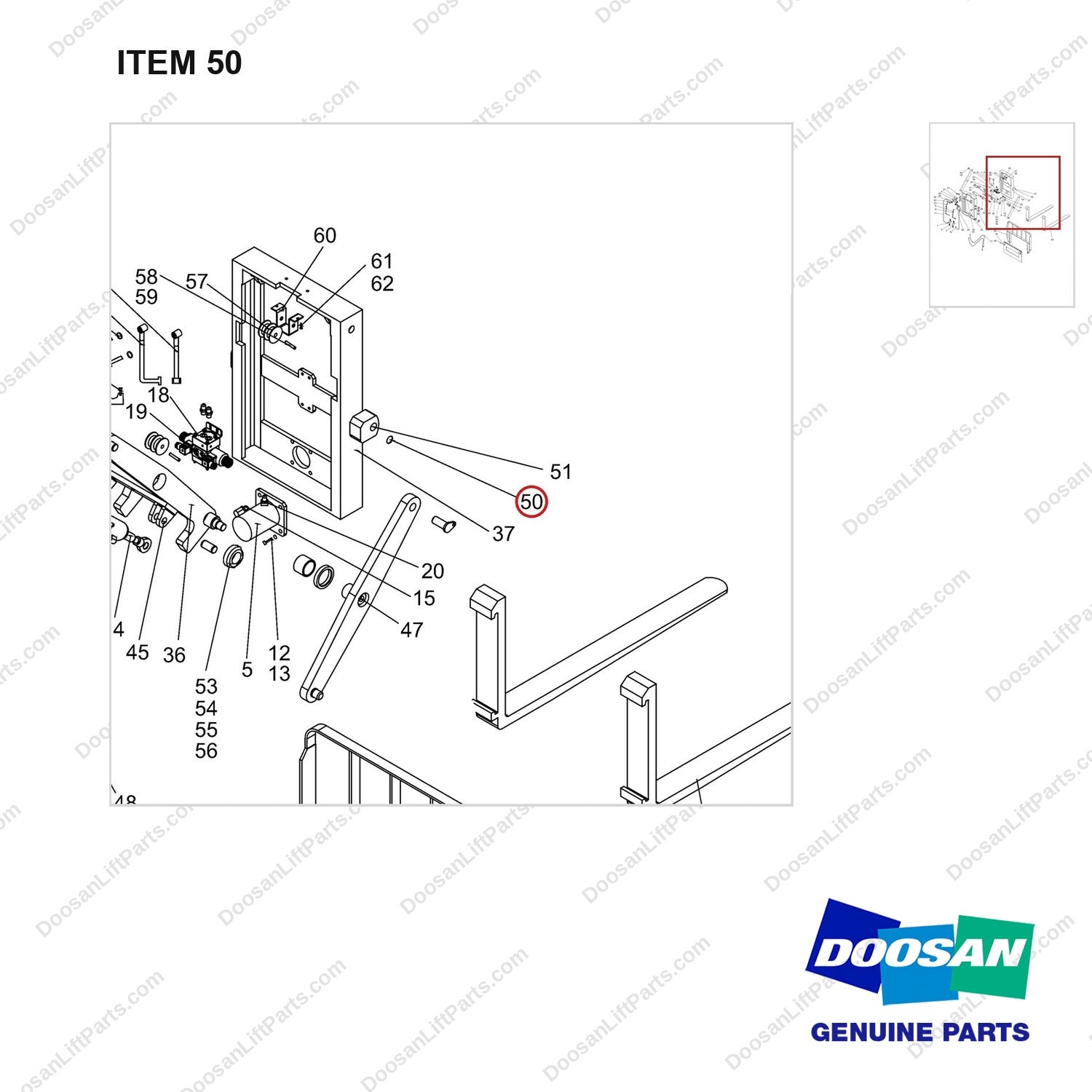 NR14-00557 Scissor forks unit - parts diagram, item 50 shown - genuine Doosan / Bobcat forklift part