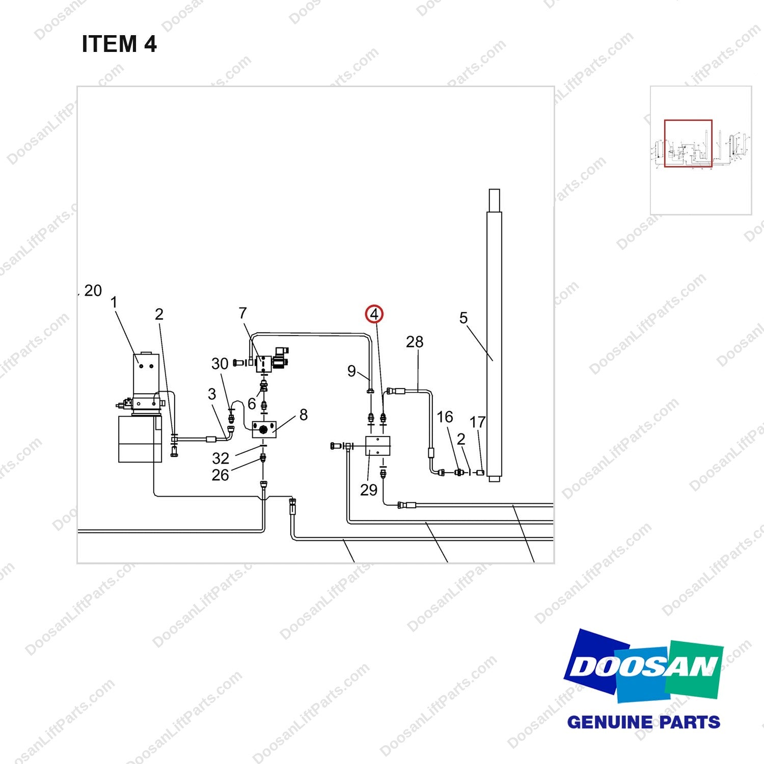NR14-00567 Hydraulic Line - parts diagram, item 4 shown - genuine Doosan / Bobcat forklift part