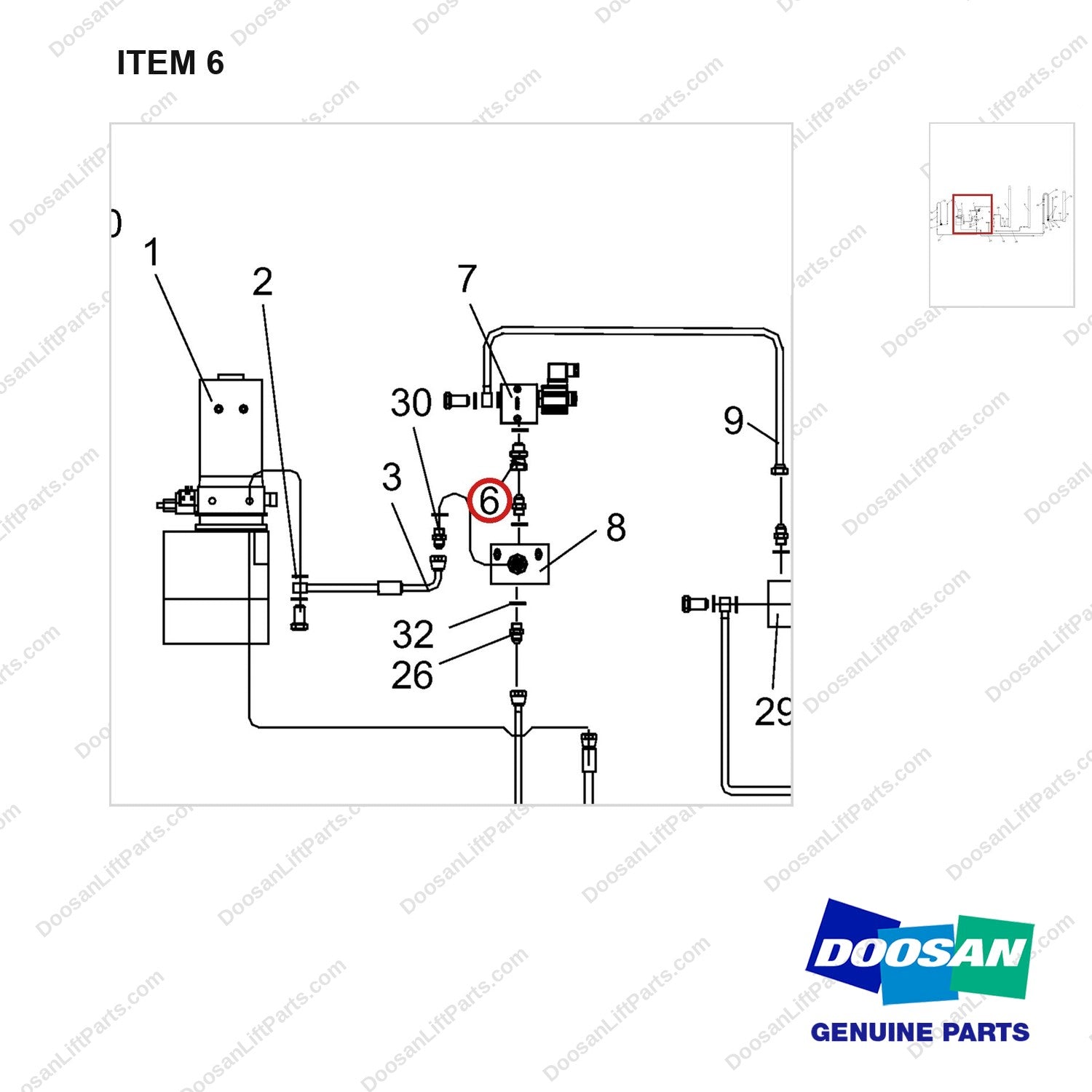NR14-00568 Hydraulic Line - parts diagram, item 6 shown - genuine Doosan / Bobcat forklift part