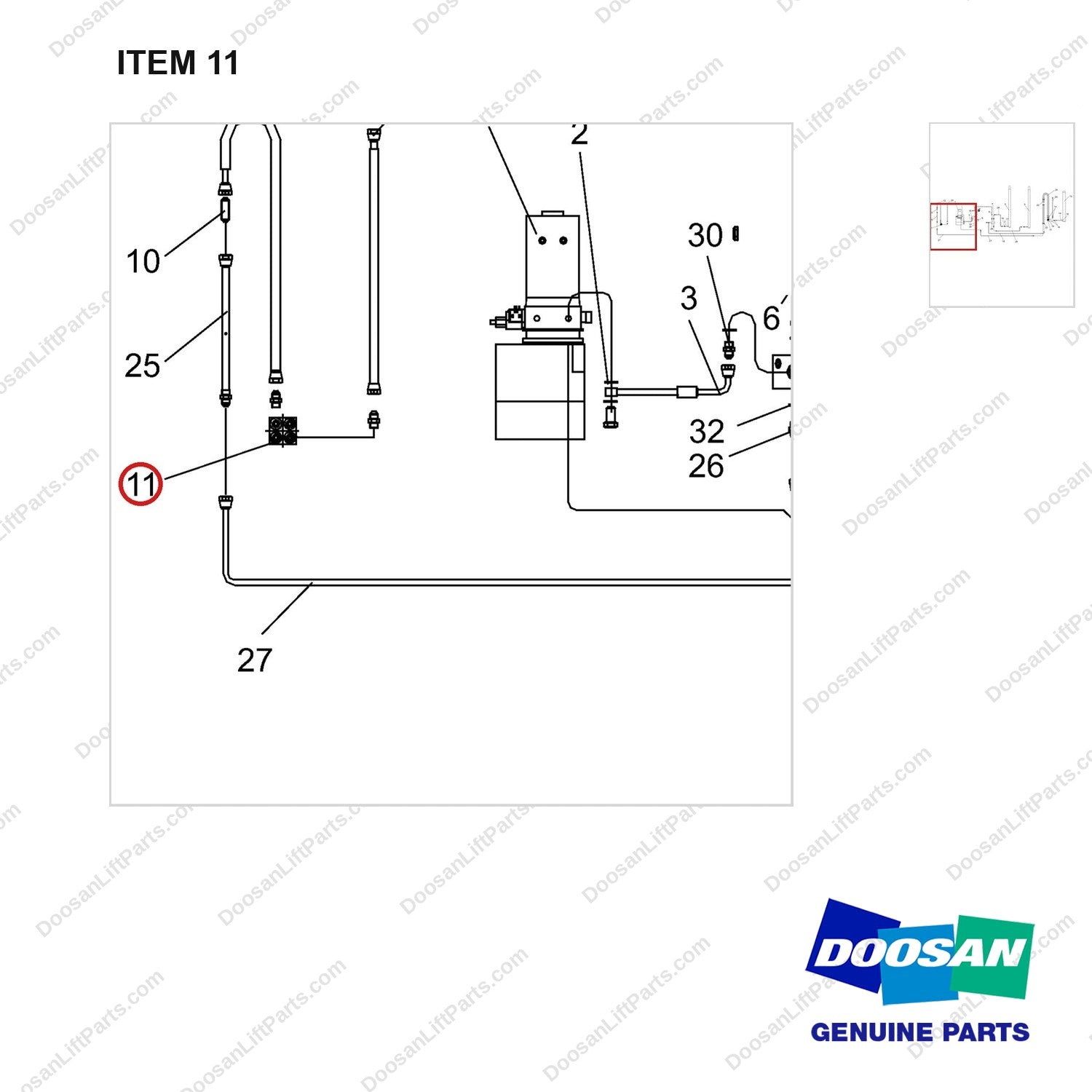 NR14-00573 Hydraulic Line - parts diagram, item 11 shown - genuine Doosan / Bobcat forklift part