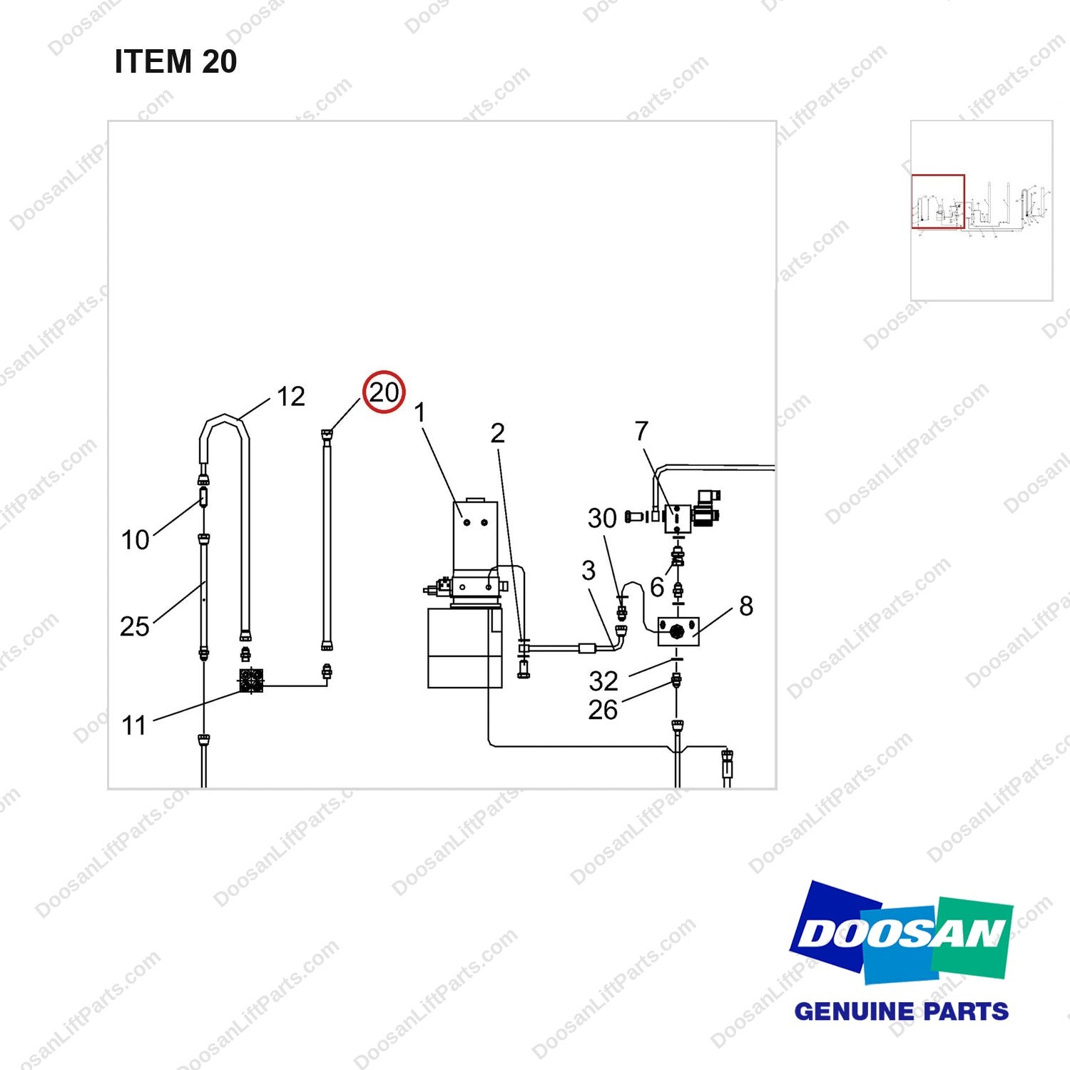 NR14-00578 Hydraulic Line - parts diagram, item 20 shown - genuine Doosan / Bobcat forklift part