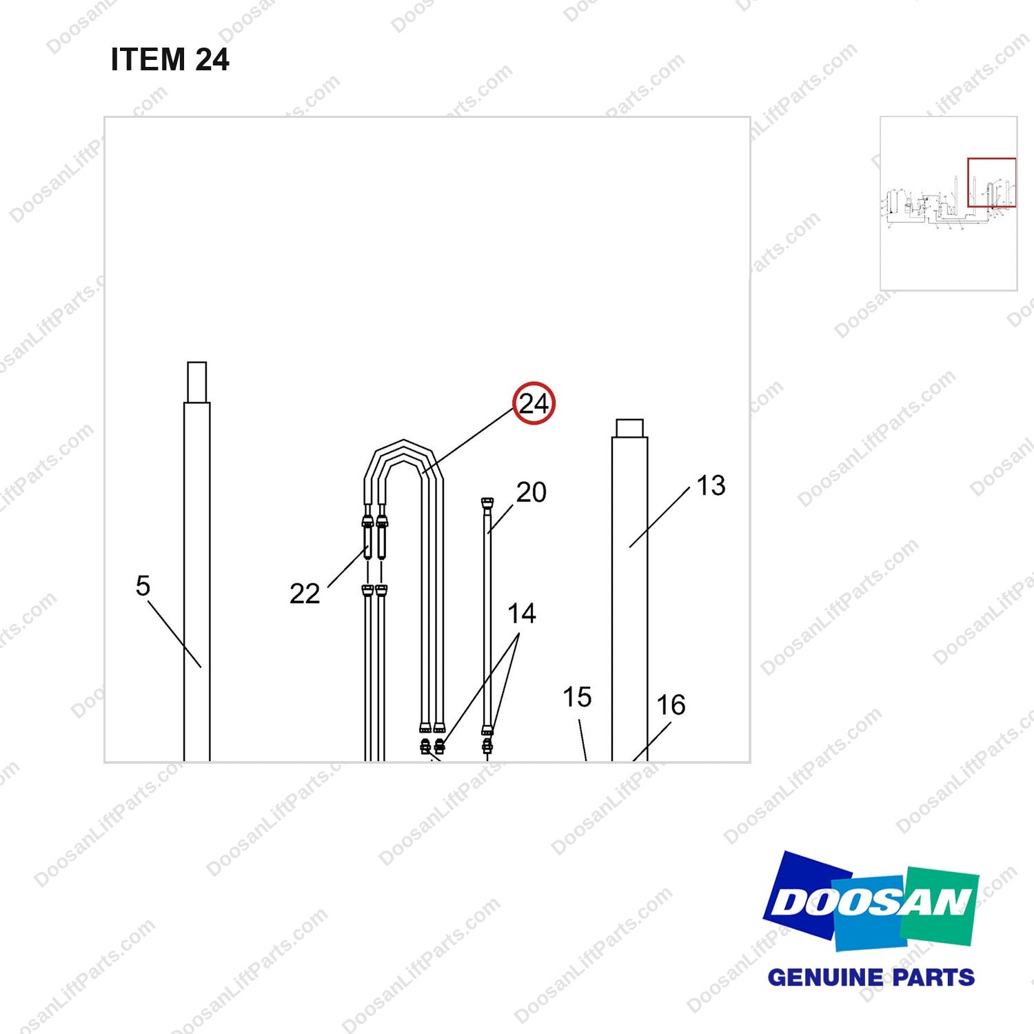 NR14-00582 Hydraulic Line - parts diagram, item 24 shown - genuine Doosan / Bobcat forklift part