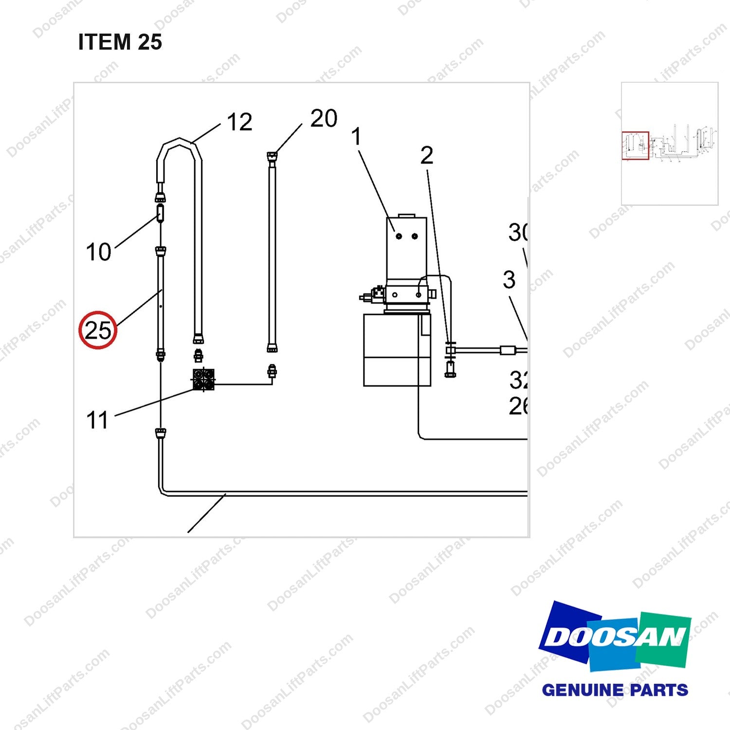NR14-00583 Hydraulic Line - parts diagram, item 25 shown - genuine Doosan / Bobcat forklift part