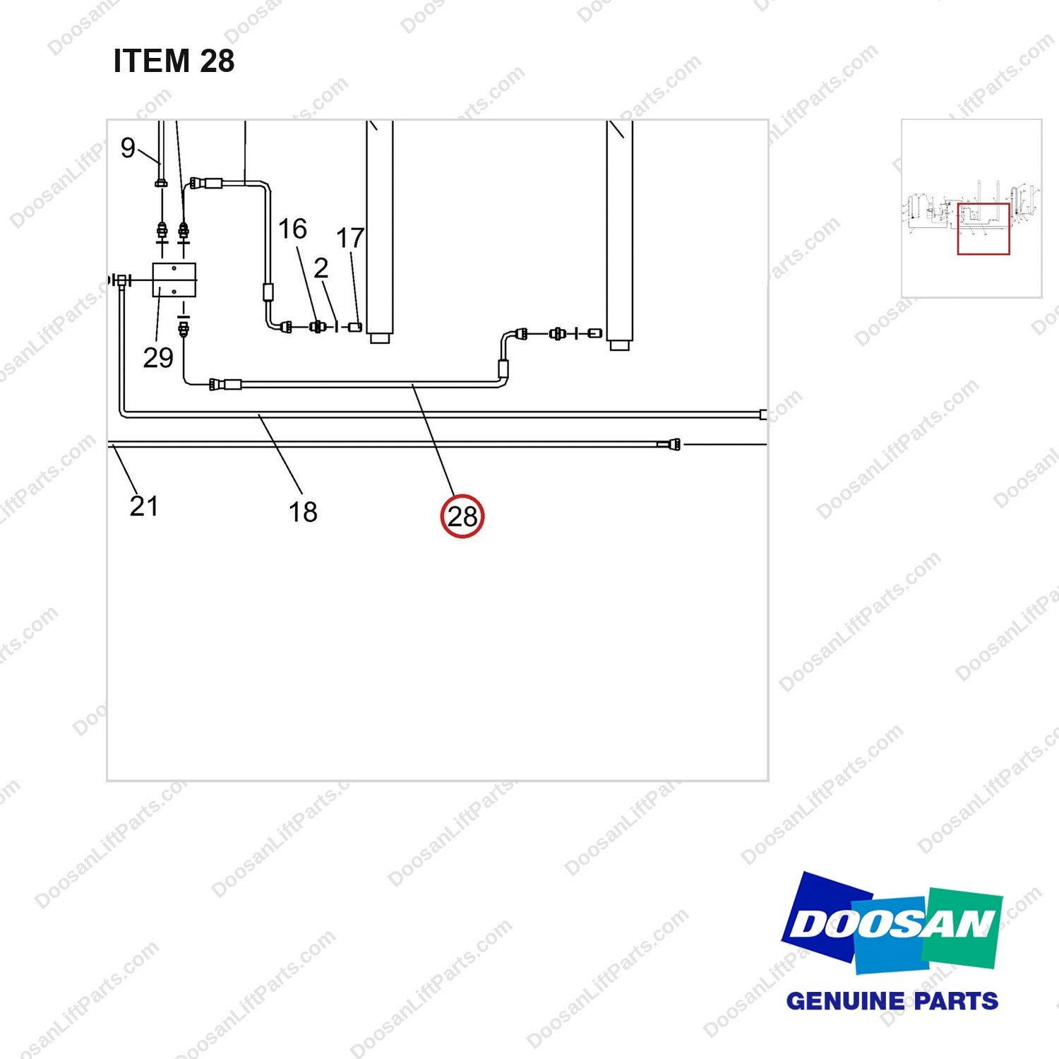 NR14-00586 Hydraulic Line - parts diagram, item 28 shown - genuine Doosan / Bobcat forklift part
