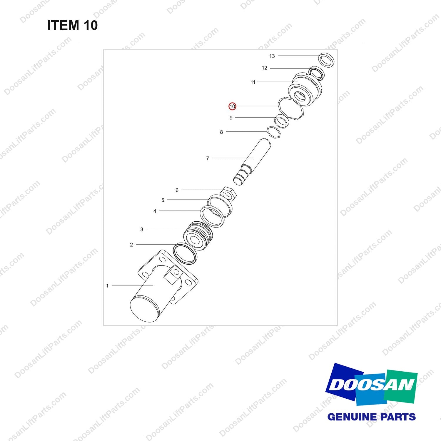 NR14-00623 Oil Cylinder Unit(Dump Ram Oil Cylinder) -1~1.25 ton - full parts diagram, item 10 marked - genuine Doosan / Bobcat forklift part