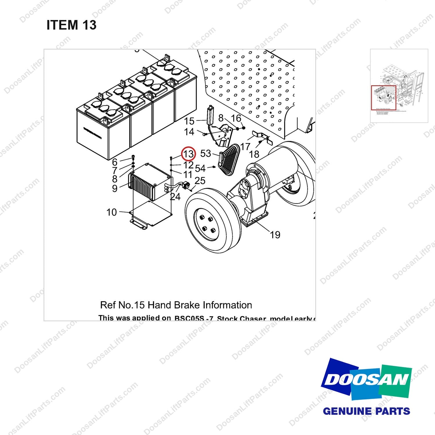 NR14-00647 General Assembly - parts diagram, item 13 shown - genuine Doosan / Bobcat forklift part