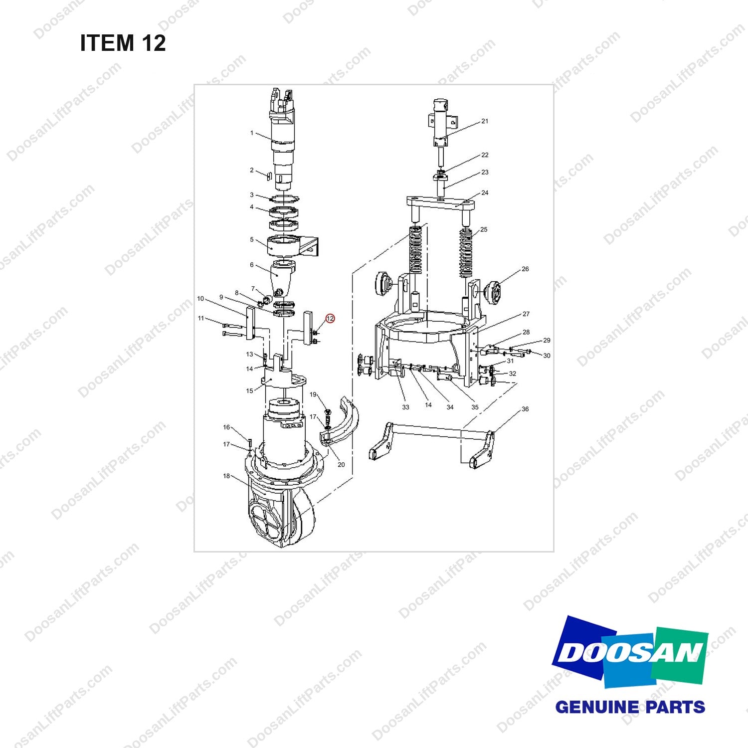 NR14-00650 Relocation Mechanism (Mechanical Steering) - full parts diagram, item 12 marked - genuine Doosan / Bobcat forklift part