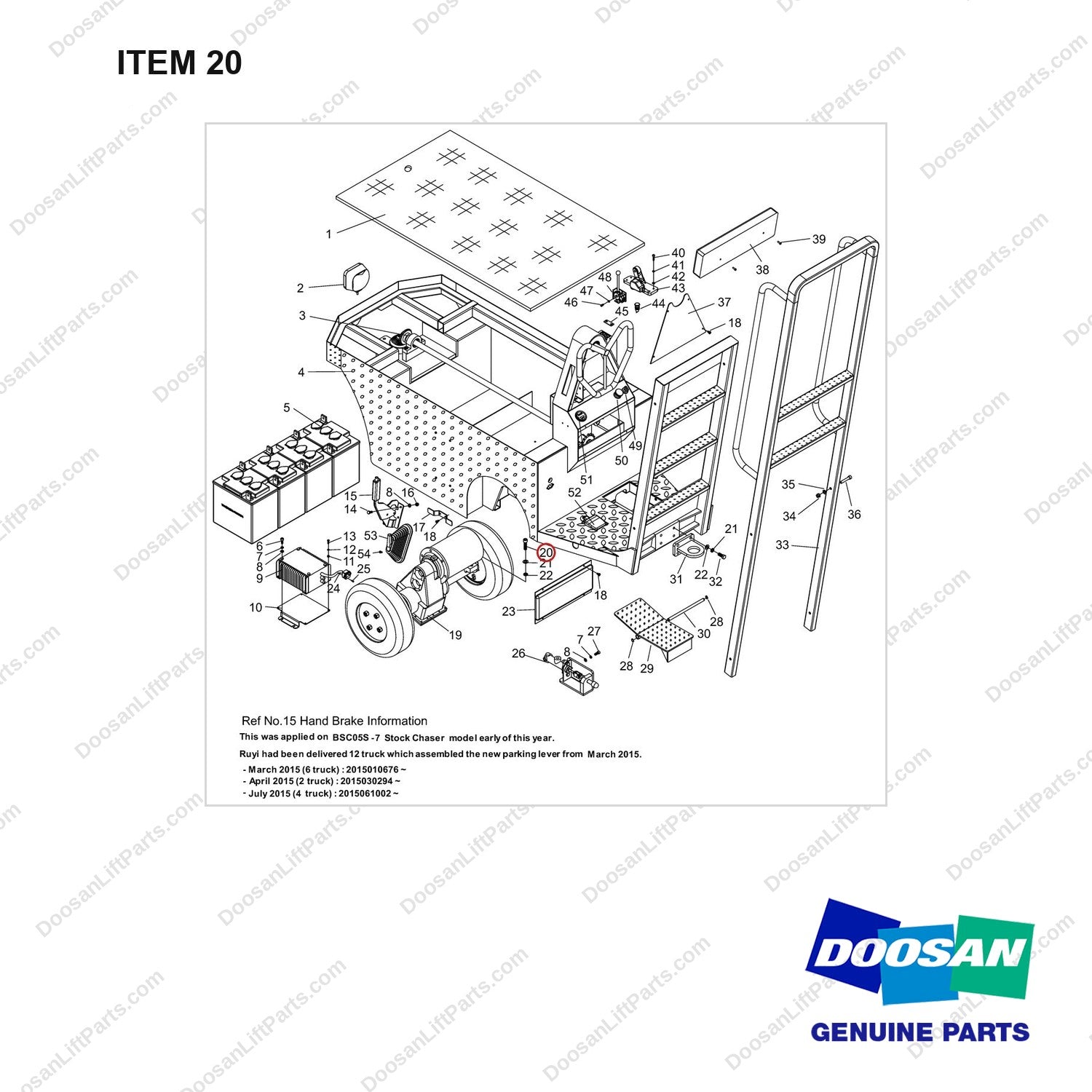 NR14-00653 General Assembly - full parts diagram, item 20 marked - genuine Doosan / Bobcat forklift part