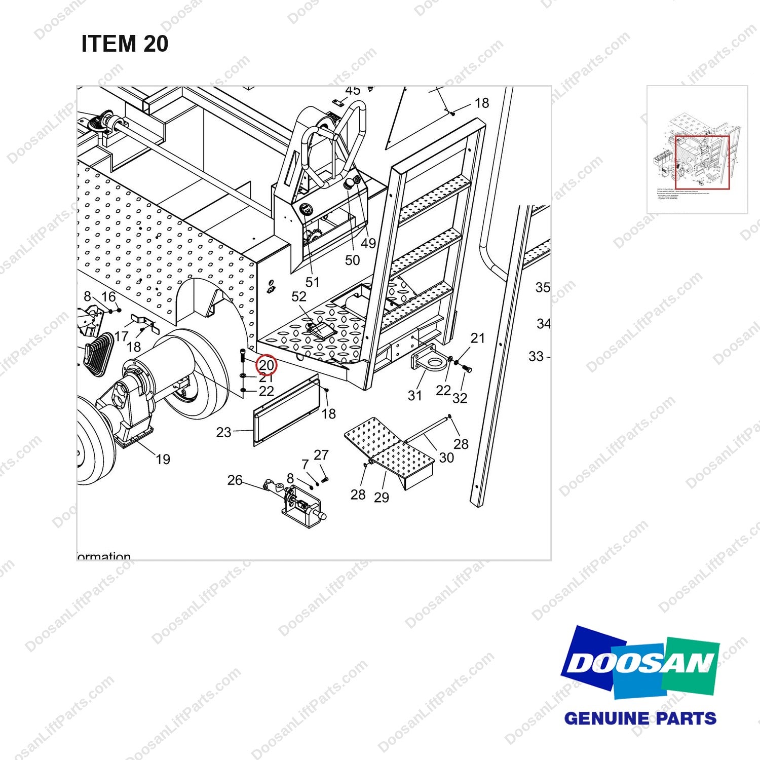 NR14-00653 General Assembly - parts diagram, item 20 shown - genuine Doosan / Bobcat forklift part