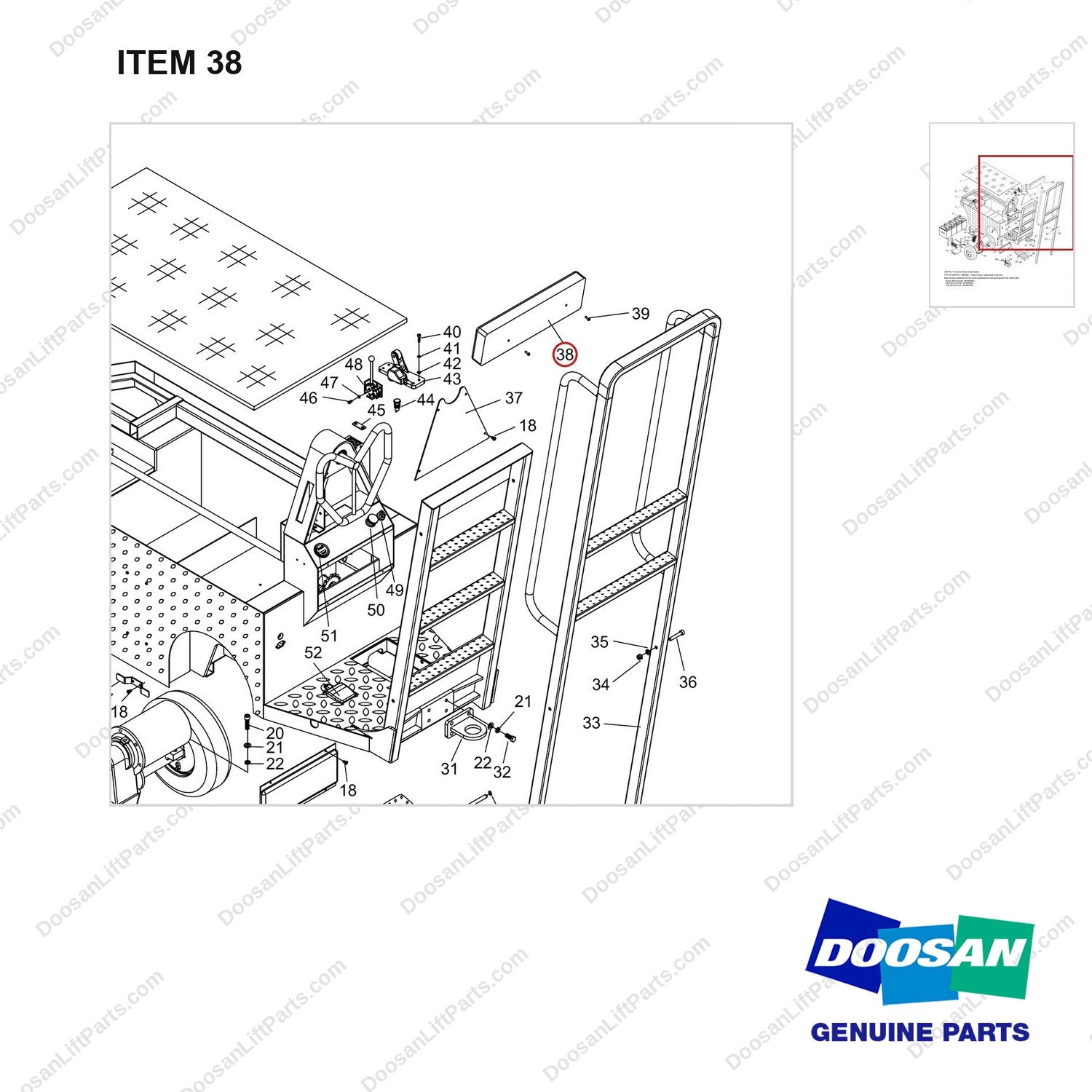 NR14-00664 General Assembly - parts diagram, item 38 shown - genuine Doosan / Bobcat forklift part