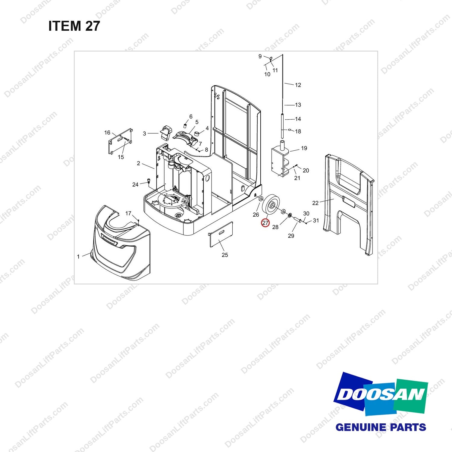 NR14-00727 General Assembly - full parts diagram, item 27 marked - genuine Doosan / Bobcat forklift part