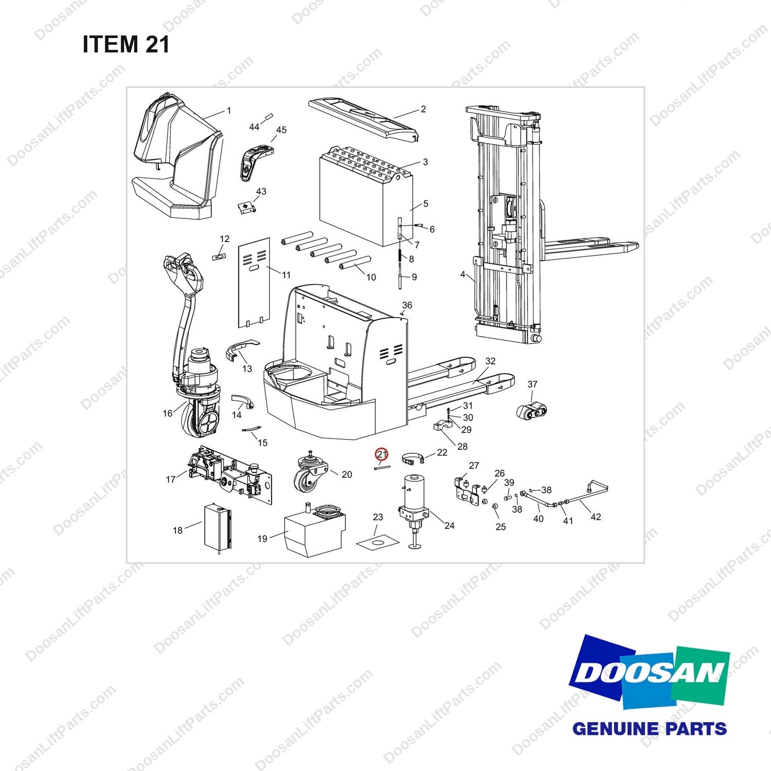 NR14-00734 Final Assembly - full parts diagram, item 21 marked - genuine Doosan / Bobcat forklift part