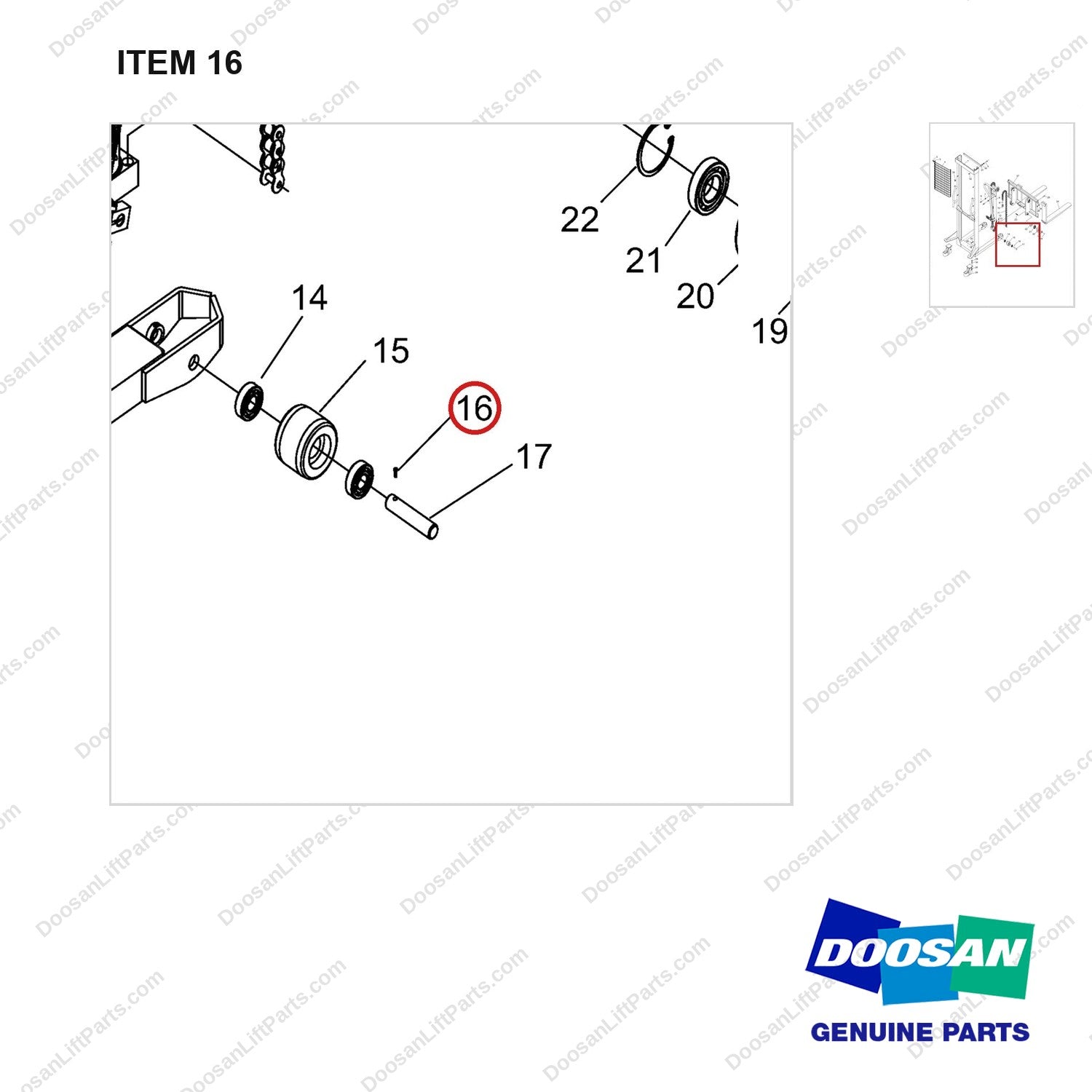 NR14-00738 General Assembly - parts diagram, item 16 shown - genuine Doosan / Bobcat forklift part