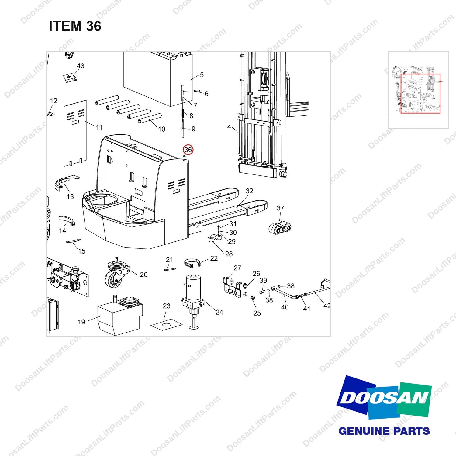 NR14-00755 Final Assembly - parts diagram, item 36 shown - genuine Doosan / Bobcat forklift part