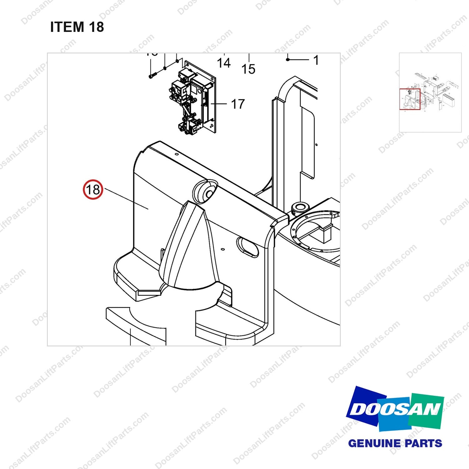 NR14-00858 General Assembly - parts diagram, item 18 shown - genuine Doosan / Bobcat forklift part