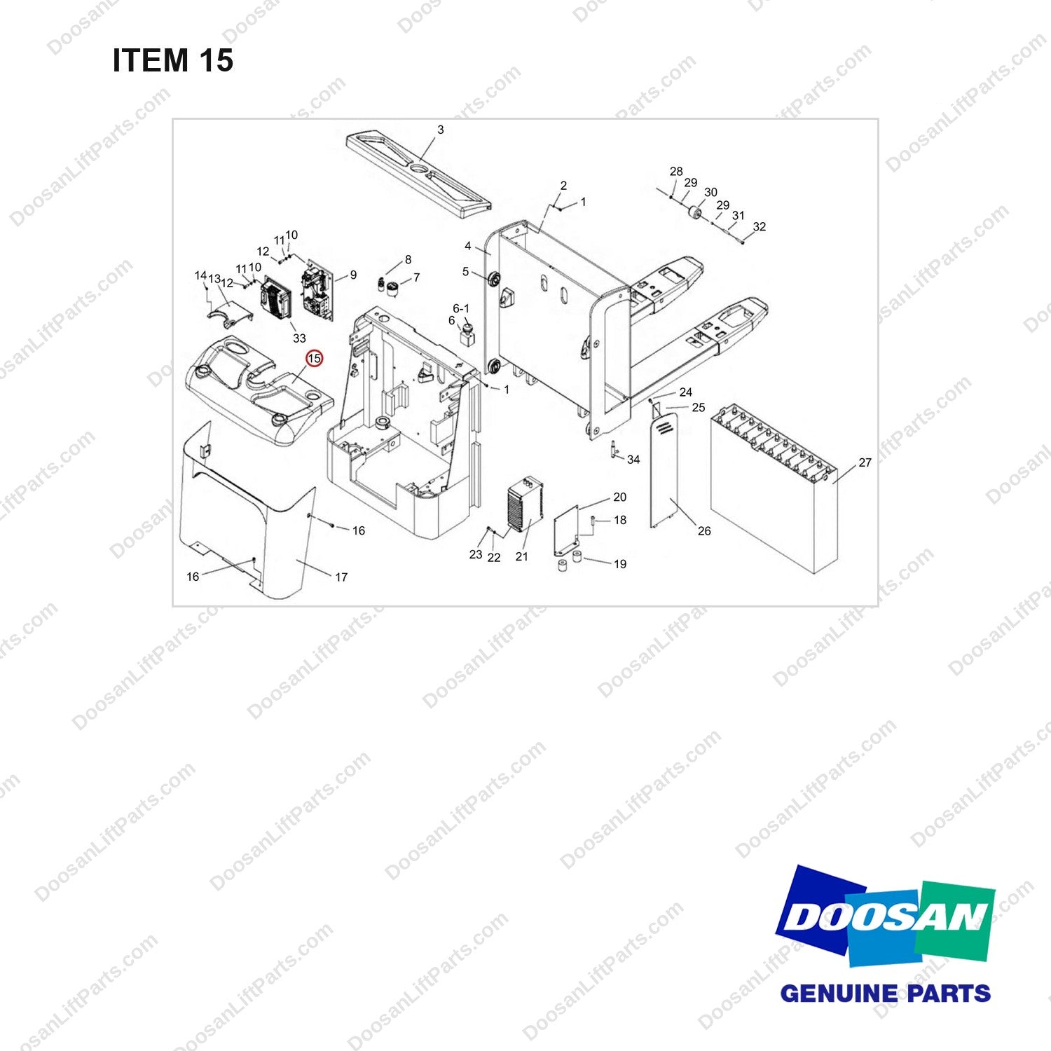 NR14-01031 General Assembly - full parts diagram, item 15 marked - genuine Doosan / Bobcat forklift part