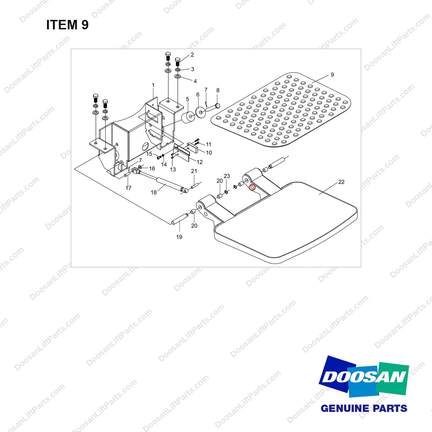 NR14-01072 Pedal Assembly - full parts diagram, item 9 marked - genuine Doosan / Bobcat forklift part