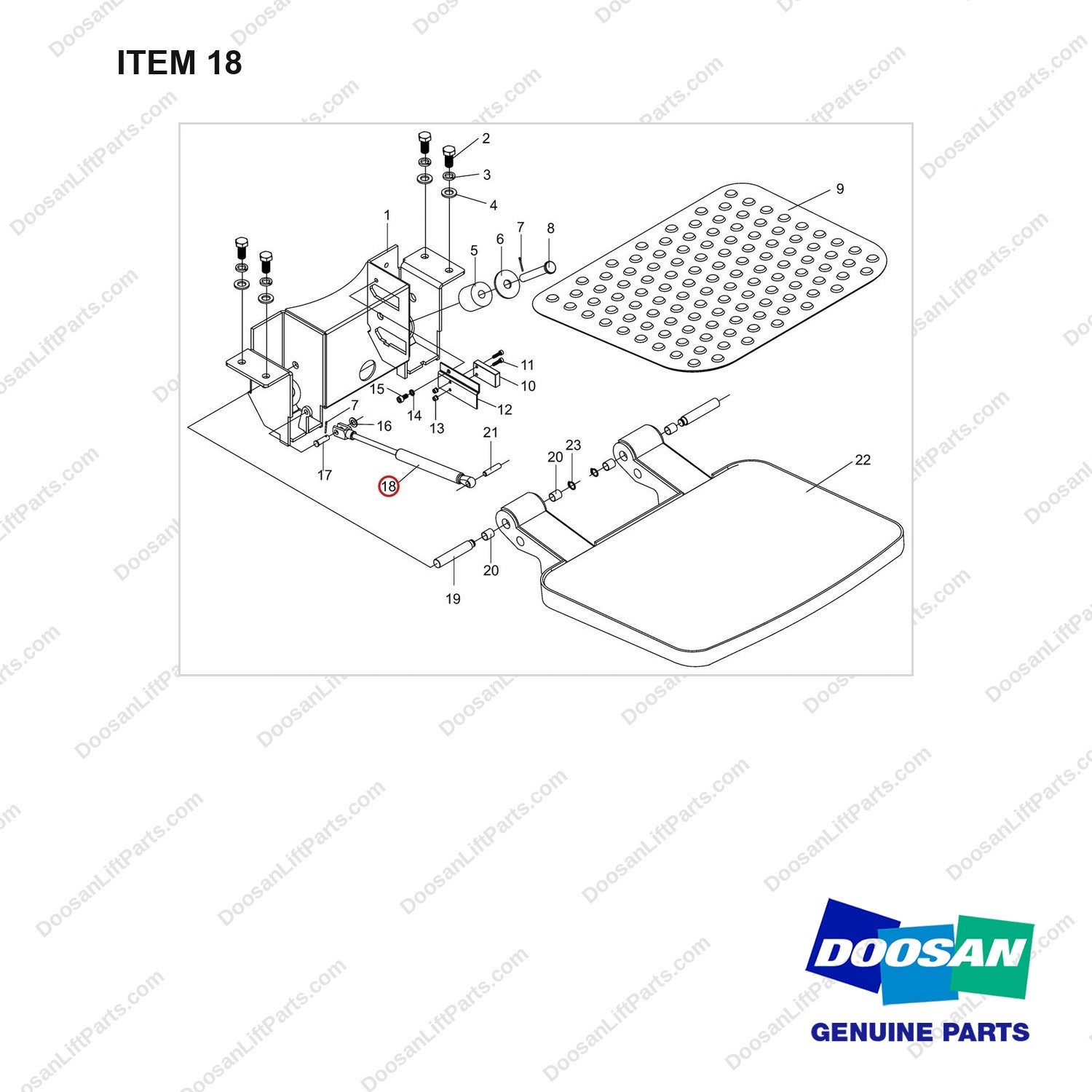 NR14-01076 Pedal Assembly - full parts diagram, item 18 marked - genuine Doosan / Bobcat forklift part