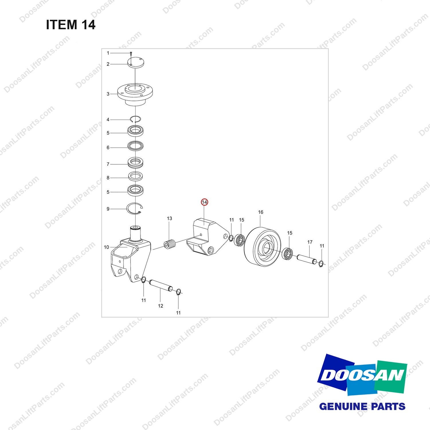 NR14-01216 Balance Wheel Assembly - full parts diagram, item 14 marked - genuine Doosan / Bobcat forklift part