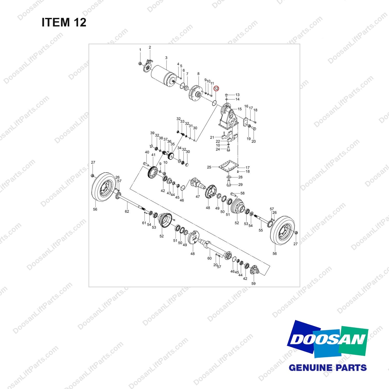 NR14-01264 Drive Axle Assembly - full parts diagram, item 12 marked - genuine Doosan / Bobcat forklift part