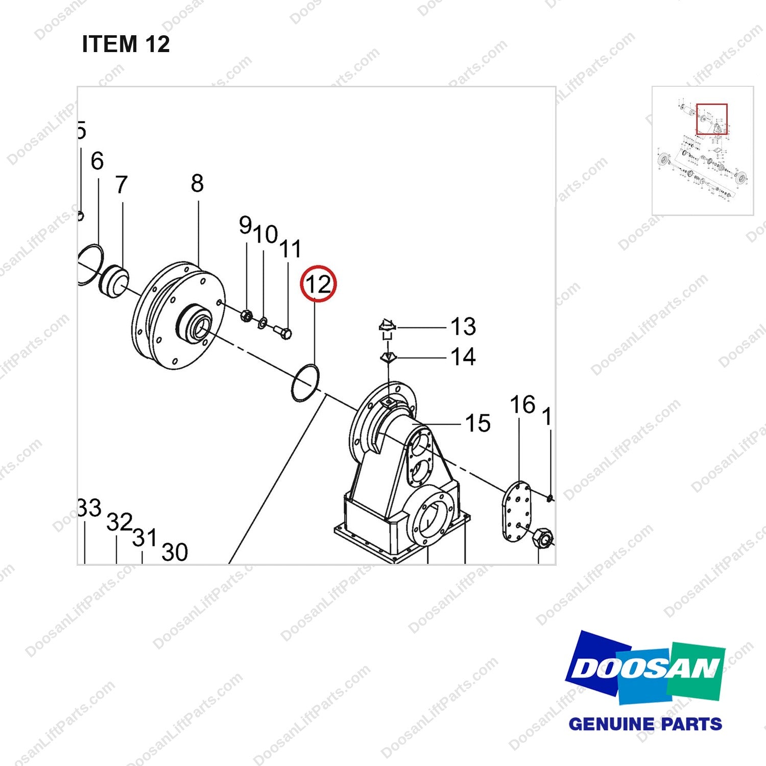 NR14-01264 Drive Axle Assembly - parts diagram, item 12 shown - genuine Doosan / Bobcat forklift part