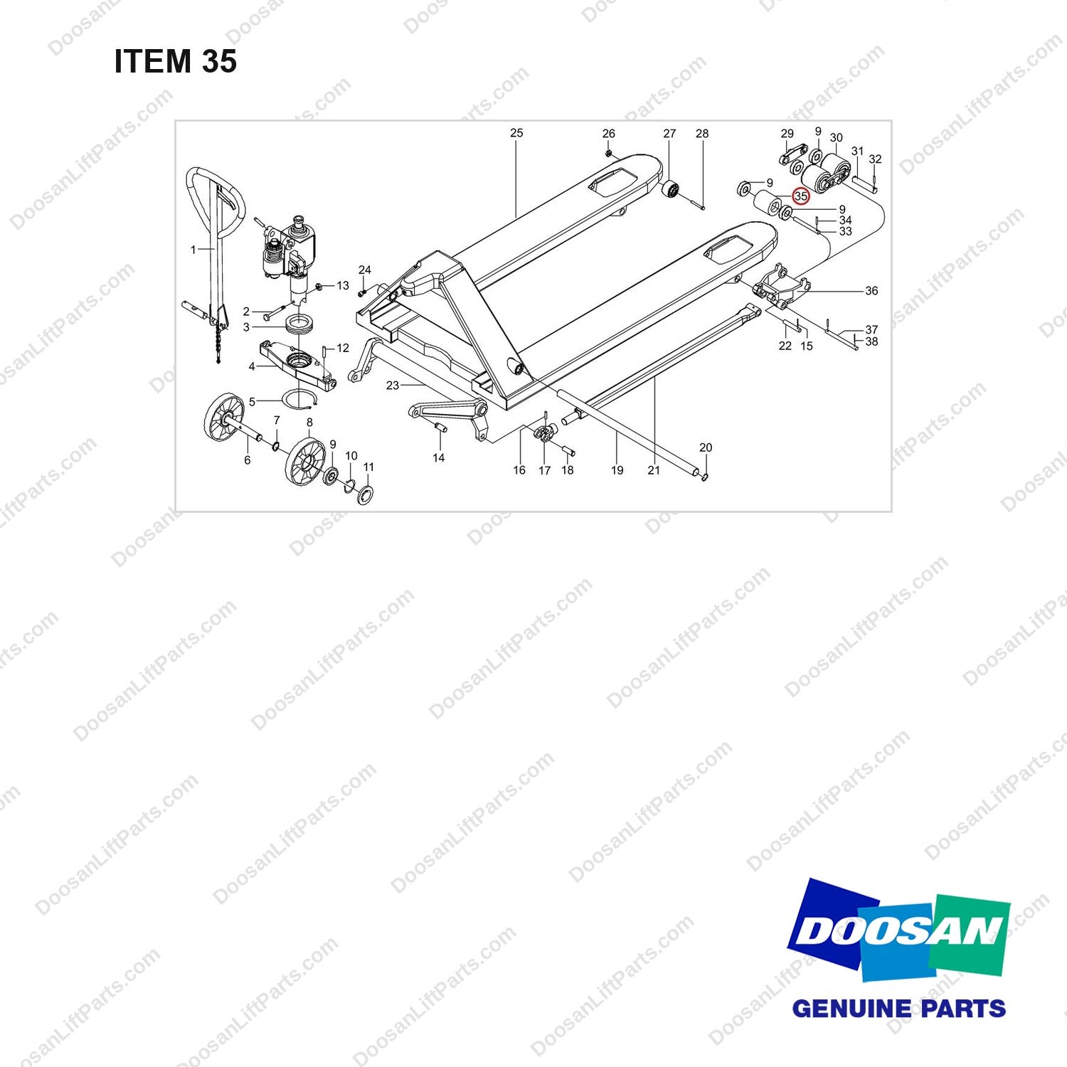 NR15-00186 General Assembly - full parts diagram, item 35 marked - genuine Doosan / Bobcat forklift part
